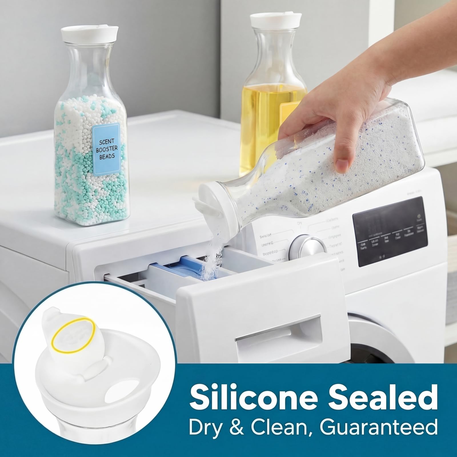 Goaste Paquete de 8 dispensadores de detergente para ropa, botella dispensadora de jabón de lavandería de 54 onzas con etiqueta impermeable, recipiente de detergente líquido, organizador de suavizante