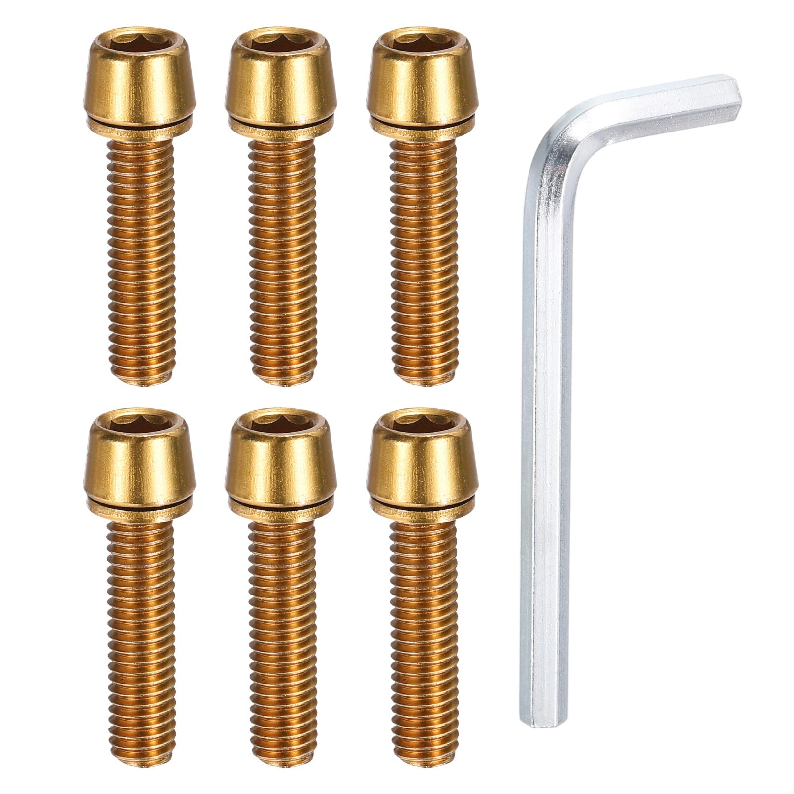 PATIKIL M5 x 20mm Bike Stem Bolts Screws, 6pcs Hex Tapered Bolt Screw with Washers and Wrench for BMX MTB Road Bike Bicycle Stem,Gold
