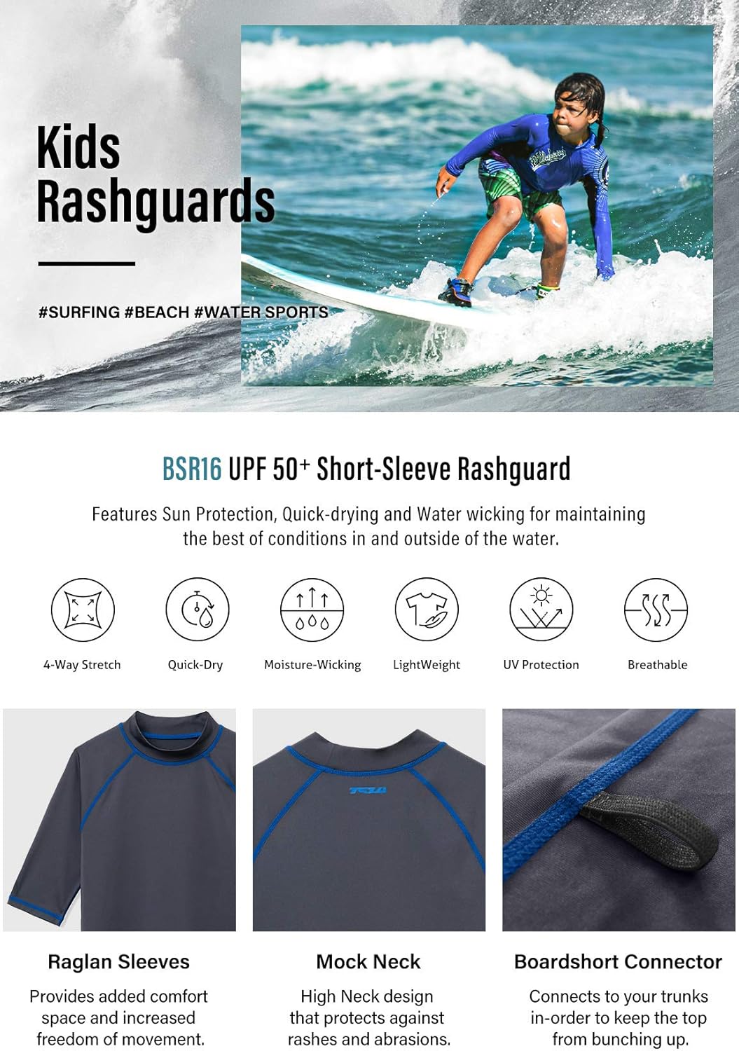 TSLA UPF 50+ Youth Kids Rash Guard Short Sleeve, UV/SPF Surf Swim Shirt, Aqua Water Swimsuit Top: Clothing