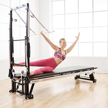 MerrithewTM V2 Max PlusTM Reformer Bundle with Mat Converter, Reformer Box, Footstrap, Padded Platform Extender & Maple Roll-Up Pole - Professional Pilates Equipment