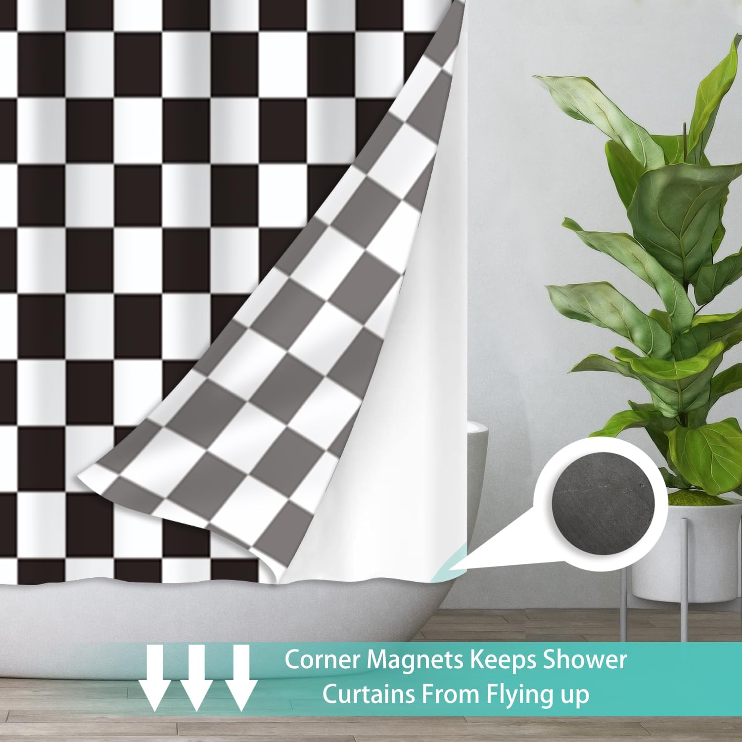 Ohocut Checkered No Hook Shower Curtain with Snap in Liner Set, Cute Vintage Black and White Checkerboard Shower Curtain, Waterproof Washable Polyester Fabric Bathroom Shower Curtain Sets