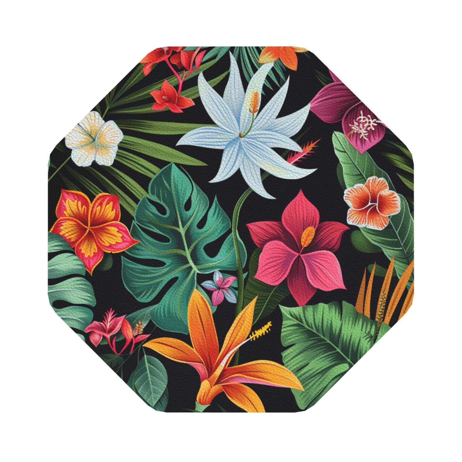 Tropical Flowers Print Leather Coaster Set of 6, Octagon Coasters Table Decorative Coffee Cup Beverage Coasters Wine Beer Bar Coasters for Hot Drinks Table Protection