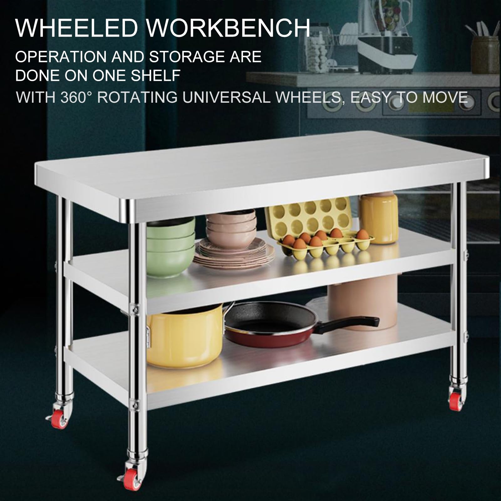 Inless - Tavolo da cucina in acciaio con piedini regolabili e 4 ruote universali, capacità 400 kg, 90 x 60 cm, per uso commerciale