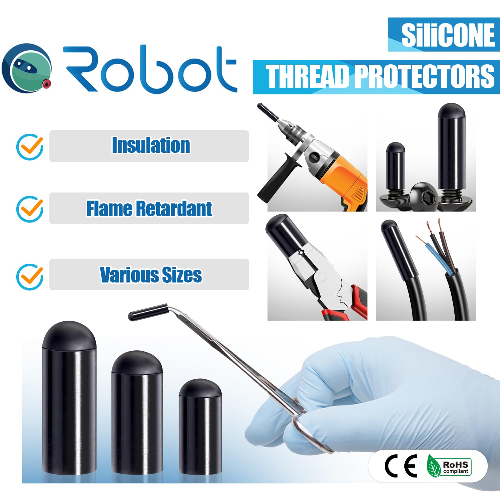 CQRobot 100Pcs 1/8 Inch Flexible Silicone End Caps Round Bolt Covers Screw Thread Protectors Assortment Kit For Protection Of Metal Tubes Cables Wires Hurricane Shutters White Diameter 3mm Length 13mm