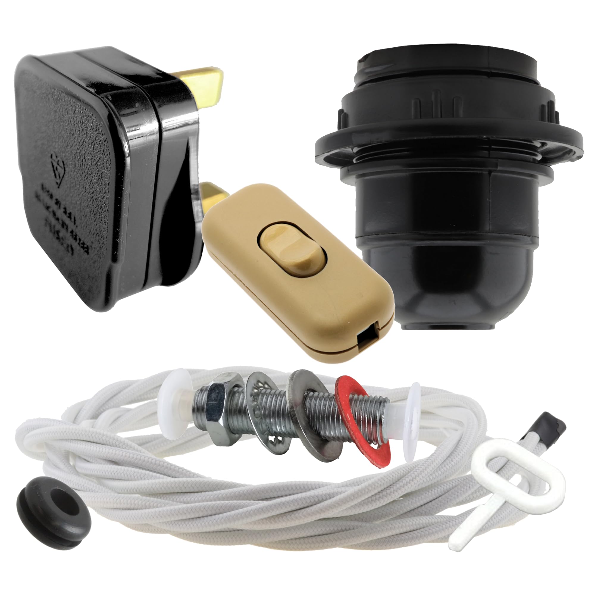 Art Deco Emporium Lamp Repair Kit|Black Plug|White Flex|Gold Switch|E27 Black Bakelite Lamp Holder