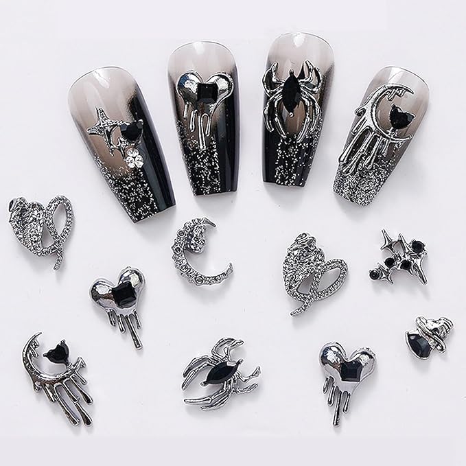 32 Pcs Halloween Nail Charms Punk Metal Spider Skull Nail Charms Alloy Rhinestones Halloween Nail Art Decoration for Women DIY Nail Accessories