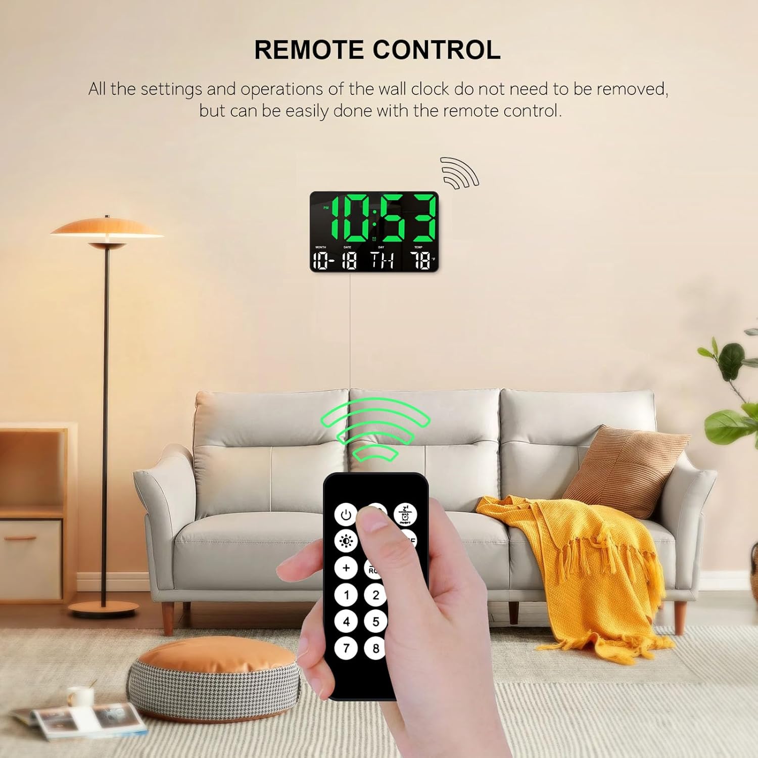 Hand holding the remote control for the Hournor Digital LED Wall Clock