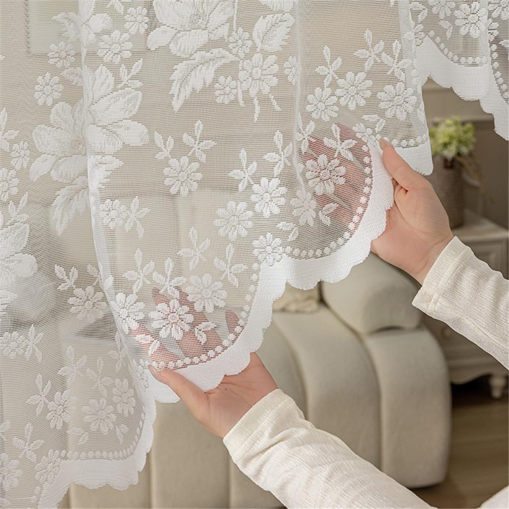 NewWPKIRA White Lace Arched Sheer Curtain Floral Embroidered Swag Curtain Valance Tier for Doorway Kitchen Bathroom Window, Rod Pocket Top 2 Panels (White, W63 x L39 inch-2 Panels)