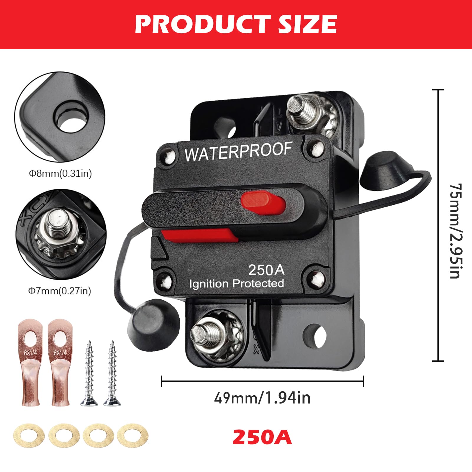 2 pz Interruttore 250A 12V-48V DC per Motori da pesca a traina Barca ATV Alimentazione Manuale con Fusibile in Linea impermeabile Reset Manuale Interruttore per auto, barca (250A)