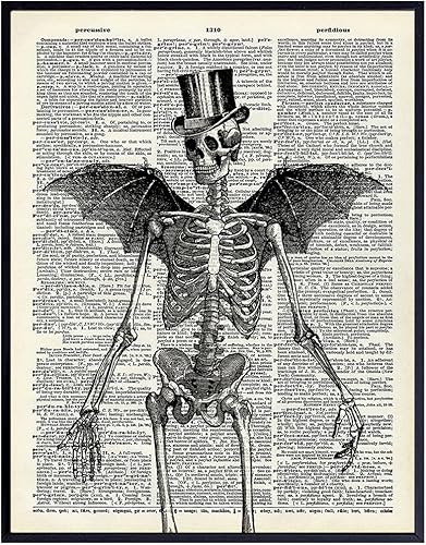 Gothic Skeleton Decor 11x14 - Halloween Decorations - Steampunk Decor - Goth Gothic Home Decor - Medieval Renaissance Bat Wall Decor Poster - Creepy