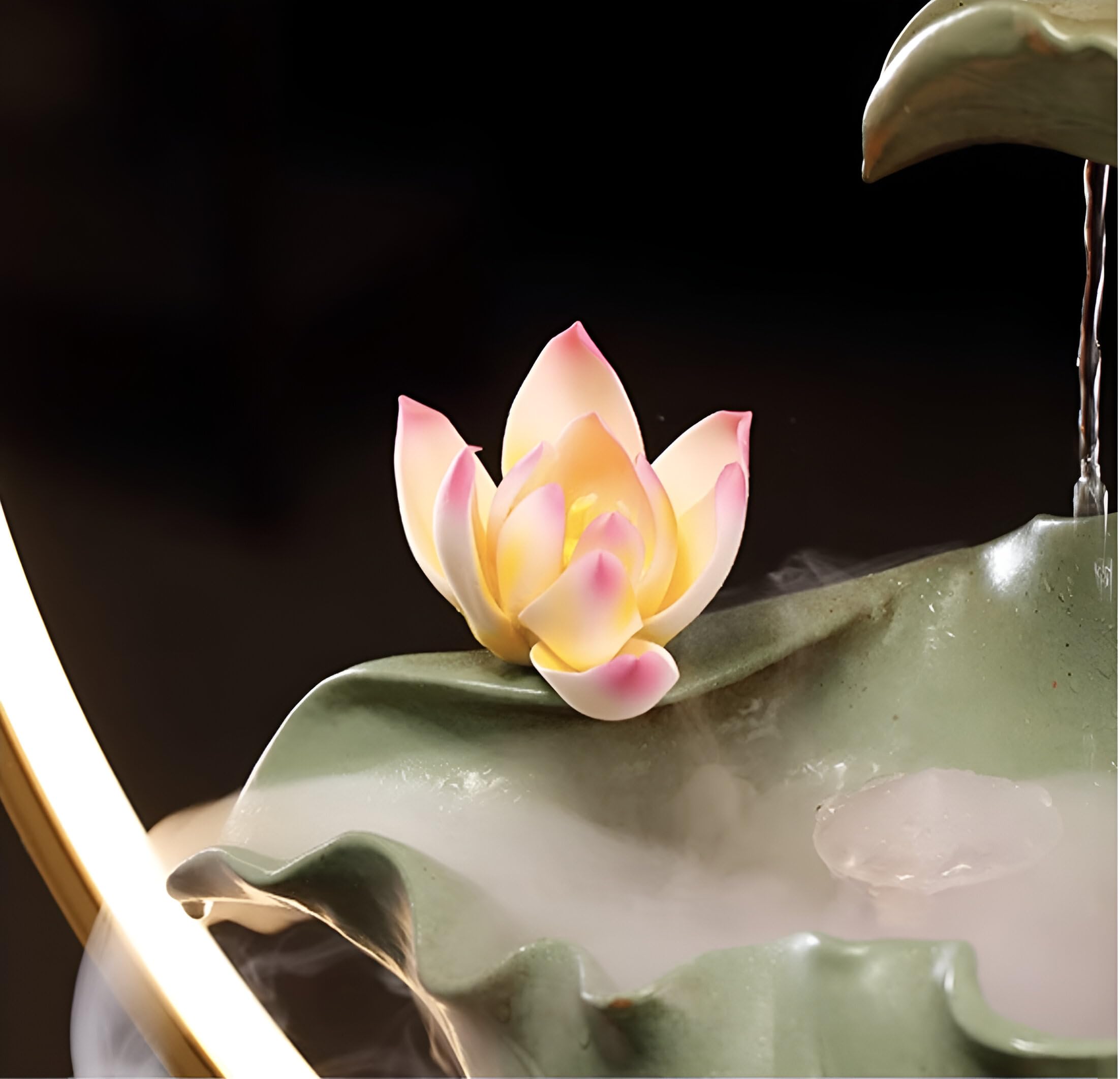 Fontanna stołowa do wnętrz, dekoracyjny wodospad, ceramiczna, motyw: lotos, ryba, z oświetlenie LED, aromaterapia, Feng Shui, Zen, do biura