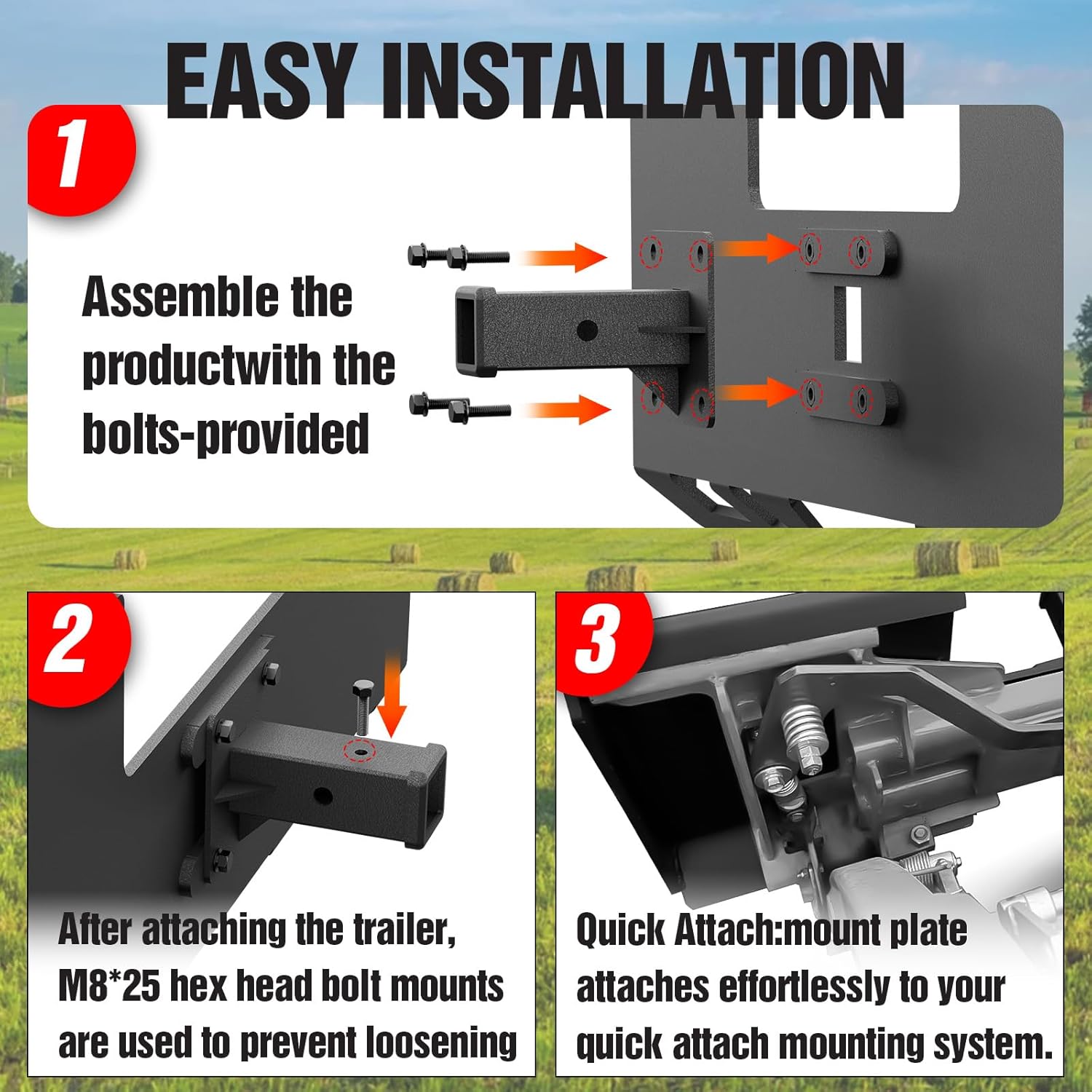 1/4" Heavy Duty Skid Steer Mount Plate with 2" Removable Trailer Hitch Receiver, Compatible with Kubota, Bobcat & Universal Tractor Quick Attach, Black,Thick Steel