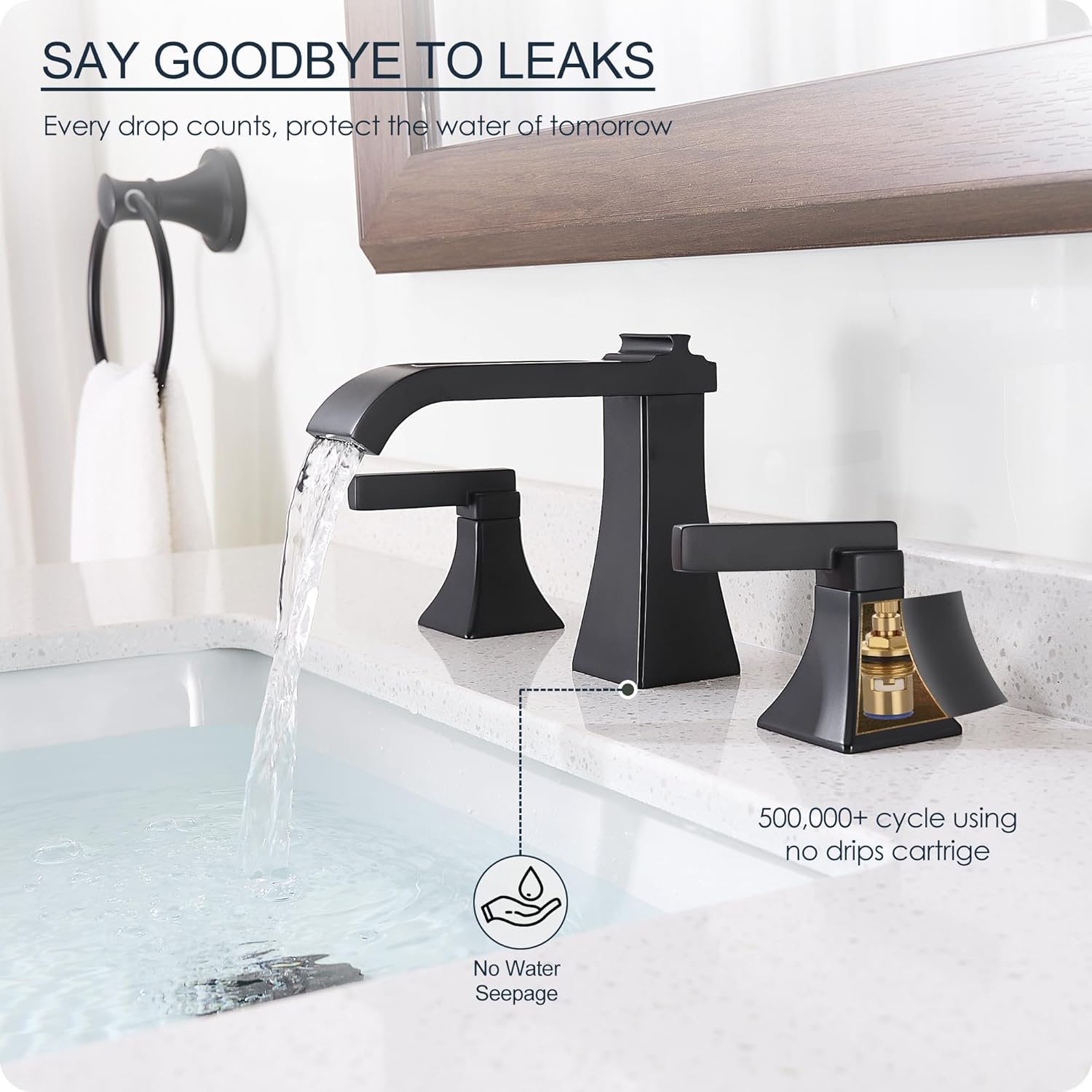 Matte Black Waterfall Bathroom Faucet 3 Hole, Brass 8 Inch Widespread Bathroom Sink Faucet Included Pop-Up Drain, 2 Handles & Pre-Connected cUPC Hose for Vanity, Modern Hollowed Design