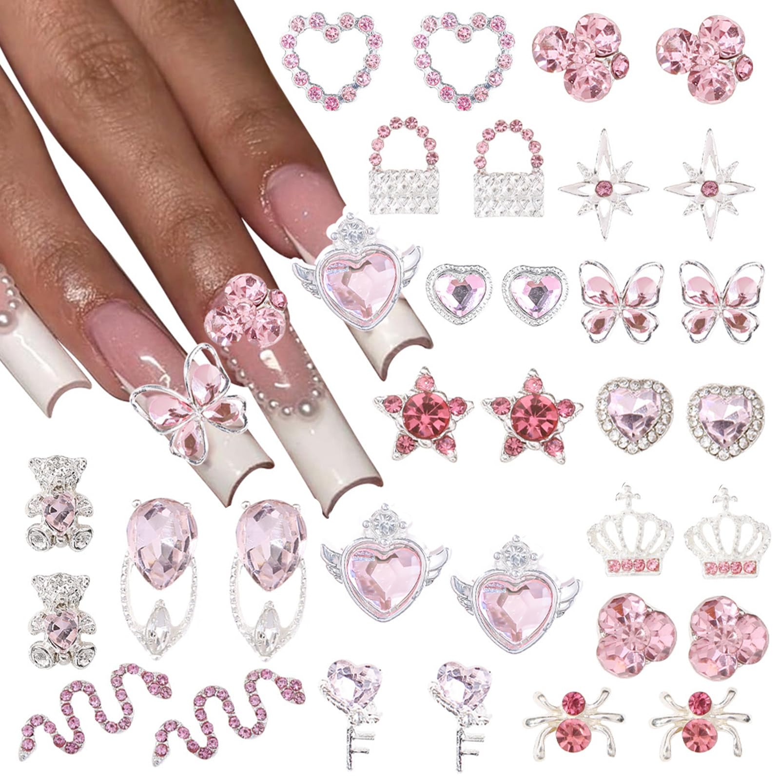 32 pezzi charms per unghie Y2K in lega per nail art con strass 3D cuore stella serpente con strass ciliegia decorazioni per unghie gioielli accessori