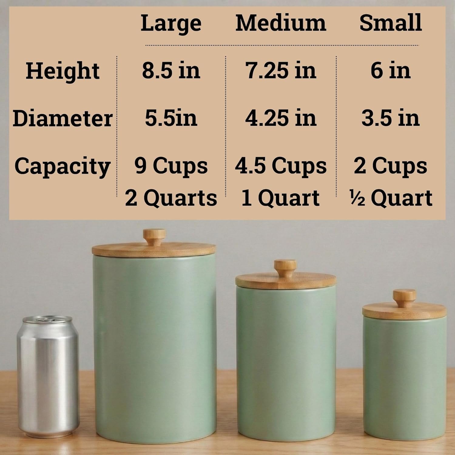 Ceramic Kitchen Canisters for Countertop Set of 3 with Airtight Bamboo Lids - Sage Kitchen Canisters with Airtight Lids - Flour Sugar Canister Set - Flour and Sugar Containers Farmhouse - Coffee Jar