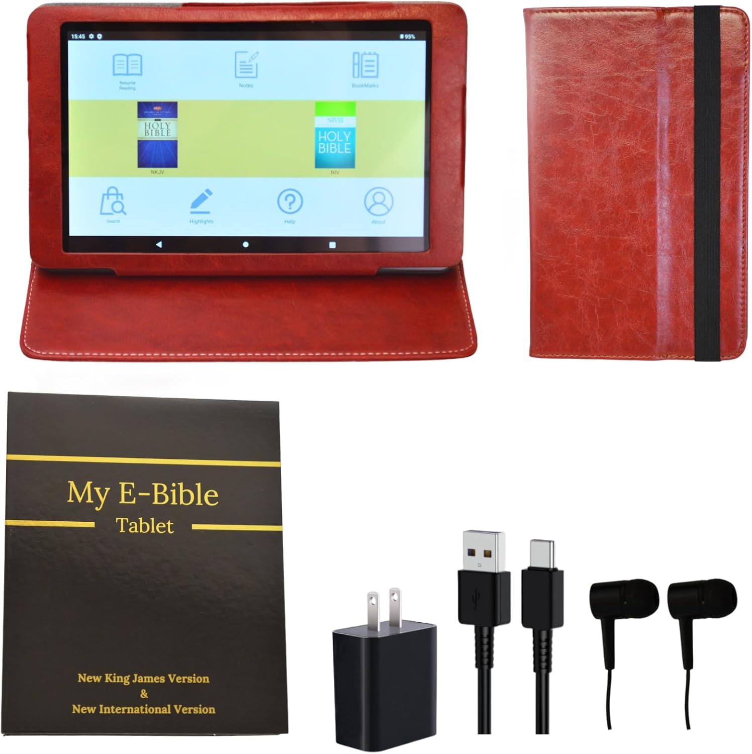 Azpen 8" HD Touchscreen Digital Bible eReader with Audio Playback, NKJV and NIV Preloaded, Built-in Speaker, Earbuds, Leather-Style Case