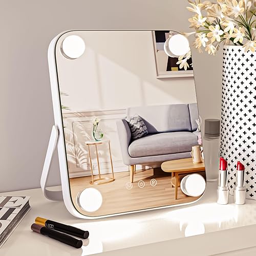 Hollywood Espejo de tocador con luces, espejo de tocador iluminado con 4 bombillas regulables, espejo de maquillaje de mesa, control táctil