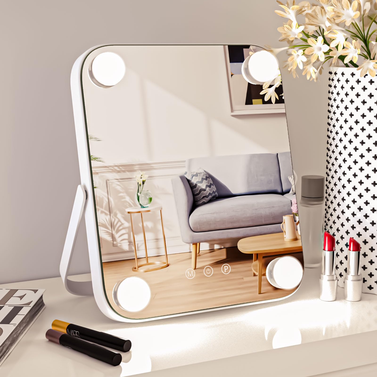 ANGNYA Hollywood Espejo Maquillaje con Luz, Espejo Tocador Lluminado Grande de 3 Colores y 4 Regulables LED Bombillas, Pantalla de Control Táctil y Rotación de 360 Grados (Blanco)…
