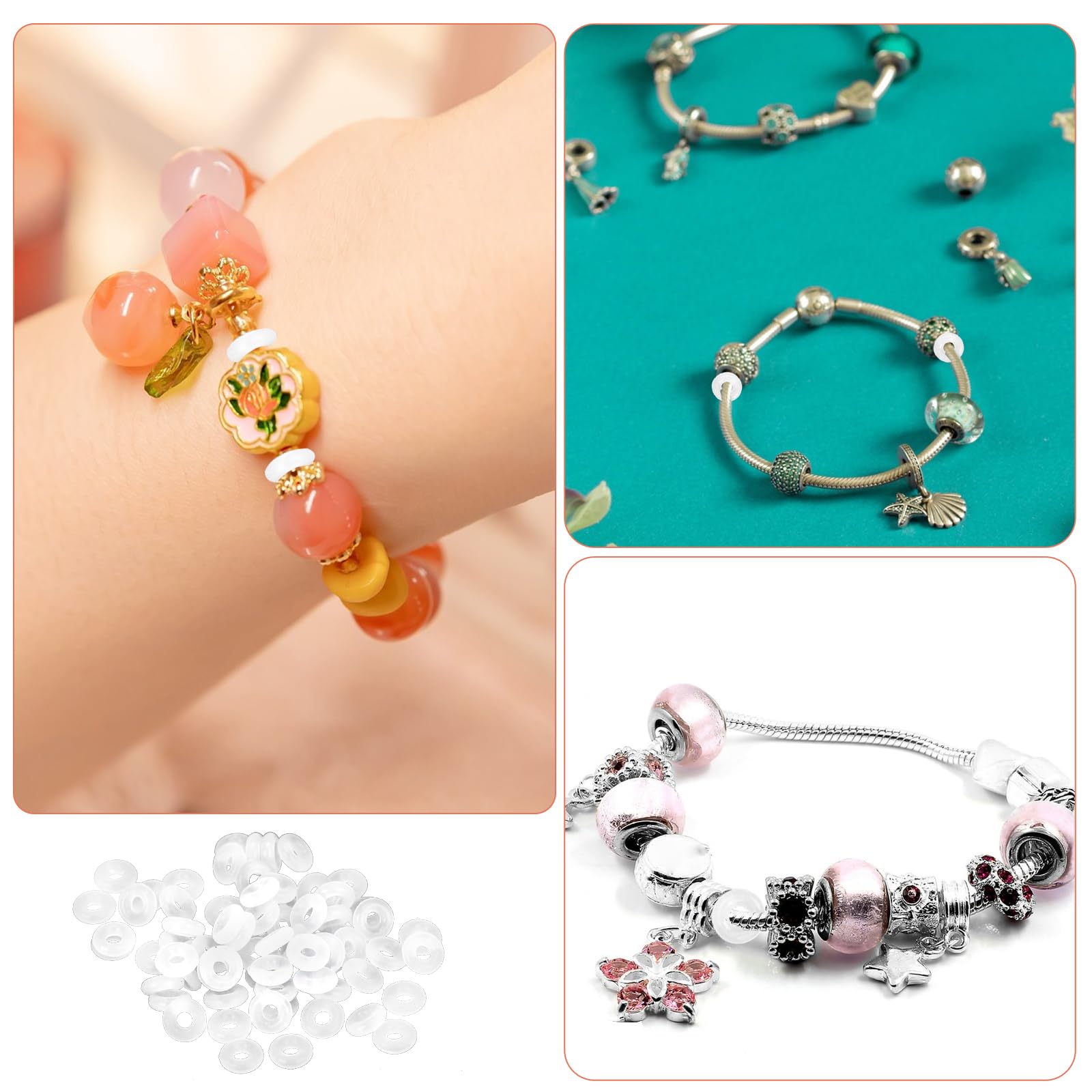 300 PCS Stopper Beads for Bracelets Beads Stopper Spacer Rubber Charm Bracelet Spacers Antiskid Locating Silicone Ring Spacer Beads Rings for Necklace DIY Jewelry Making Accessories with 1 Tweezers - Image 6