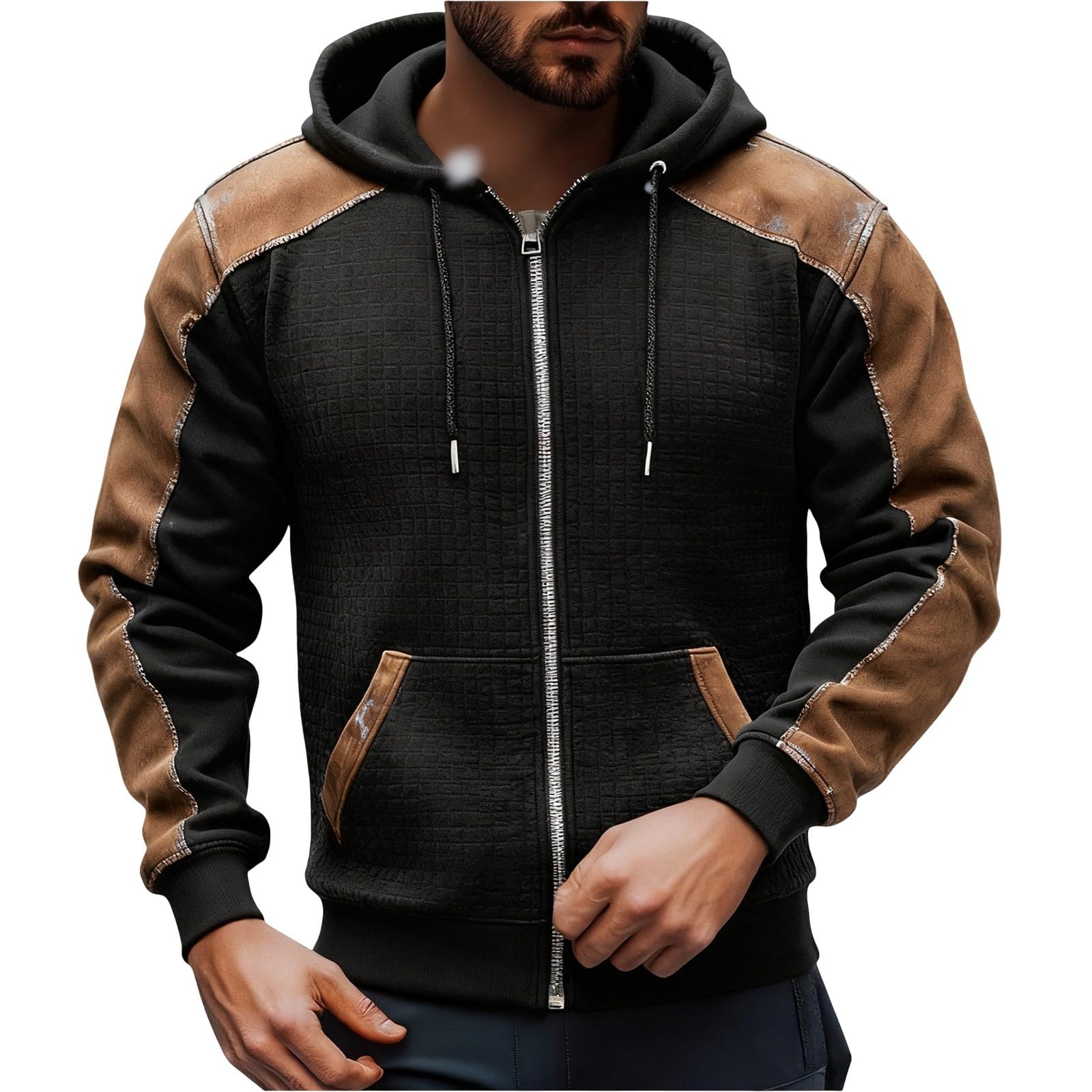Felpa con cappuccio da uomo con zip intera, casual, a blocchi di colore
