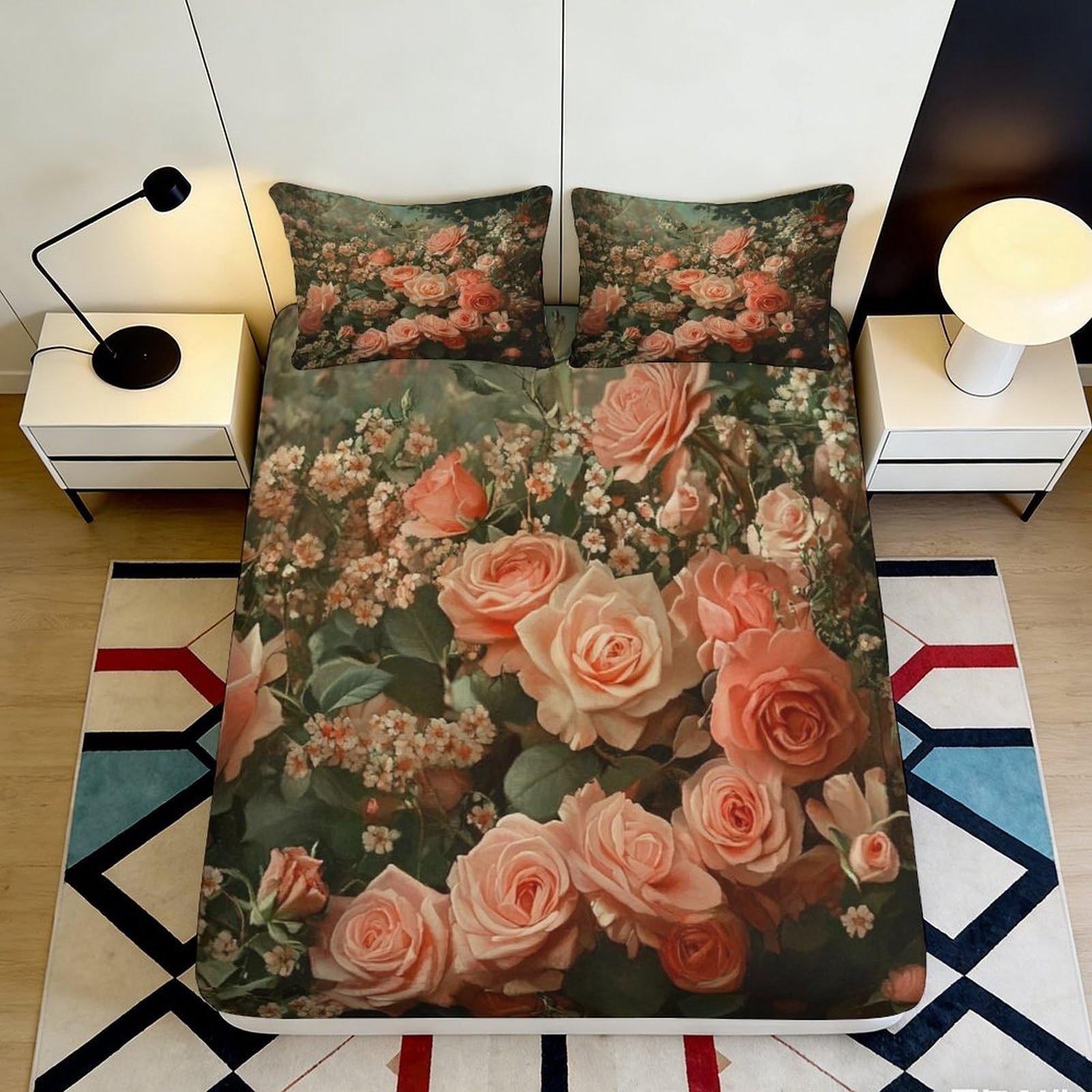 3D Printed Floral Fitted Sheet Microfiber Deep Pocket Non-Slip Bedset Floral Mattress Fitted Cover Washable for Adults 200x200x25cm