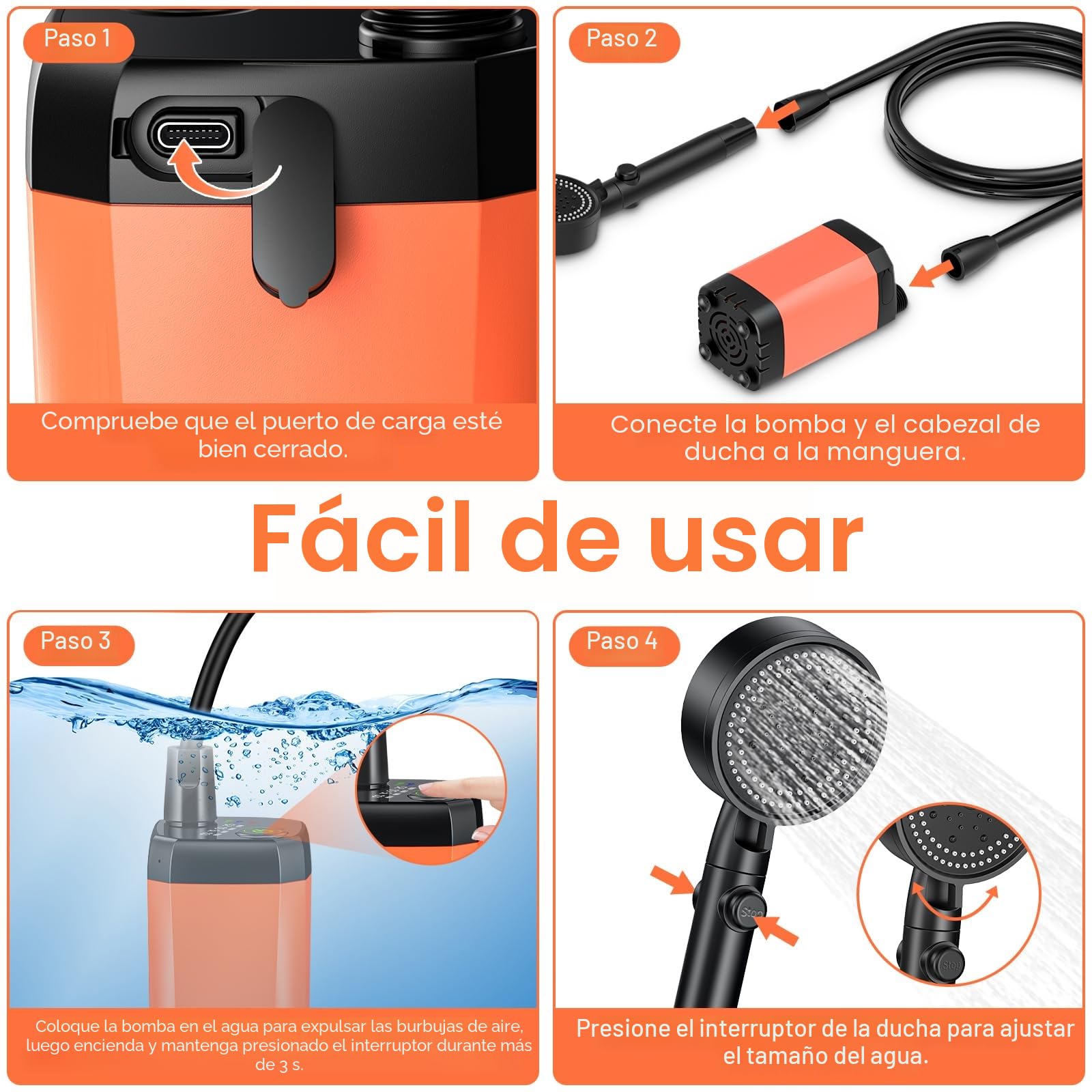 Rsaoty Ducha Portatil, 3000 mAh Ducha Portatil Camping Bateria, IPX7 Impermeable Ducha Portatil Camping con Bomba,con Alcachofa de Ducha y Manguera para Jardín, Camping, Viajes, Lavado de Coches