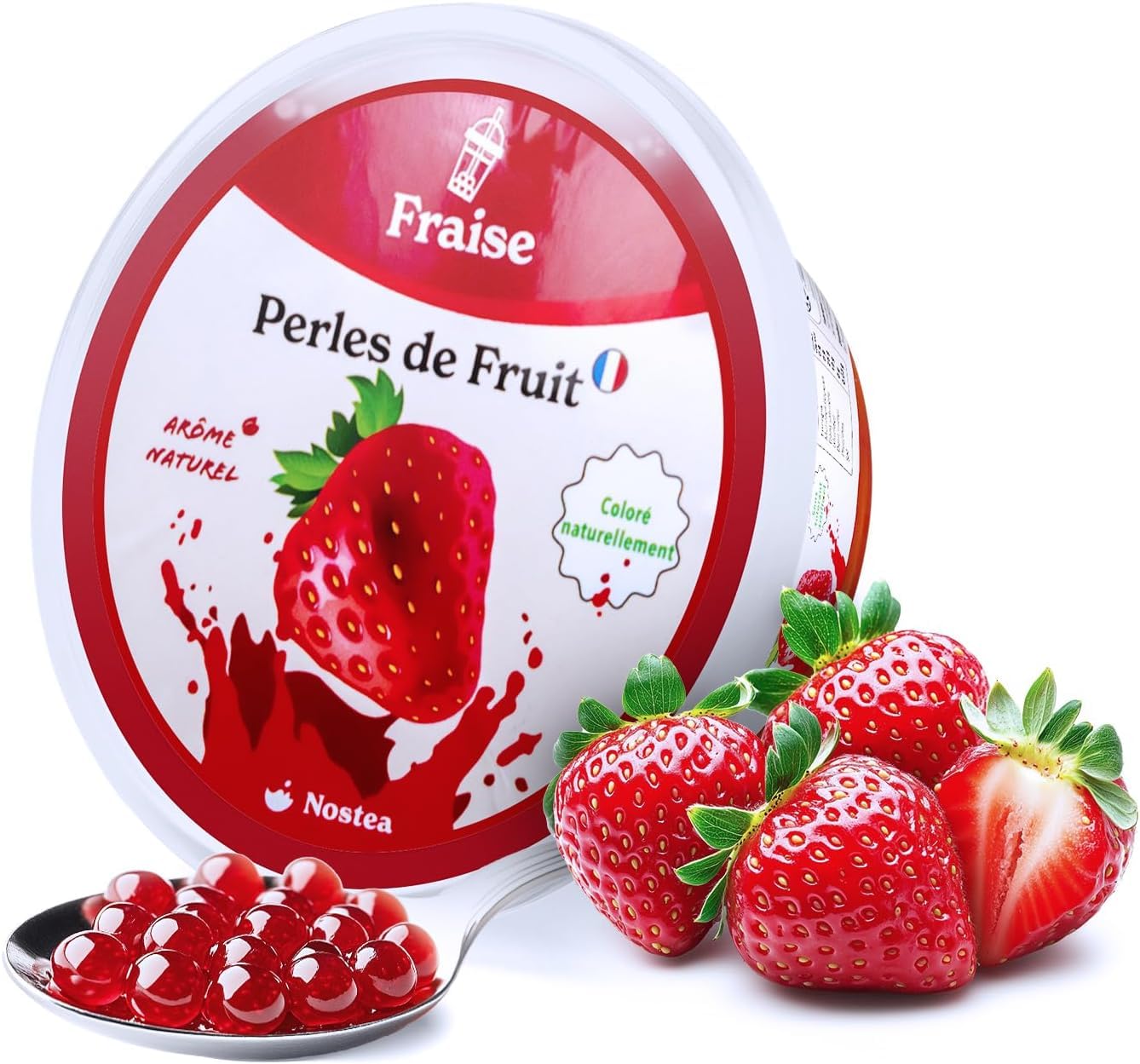 Nostea - Set di 3 vasetti, Perle per Bubble Tea Tropical, Pesca, Fragola – Popping Boba 100% Vegano, Senza Glutine - Perle al Succo di Frutta per Tè, Bevande - Produzione Francese - 3x 450 gr