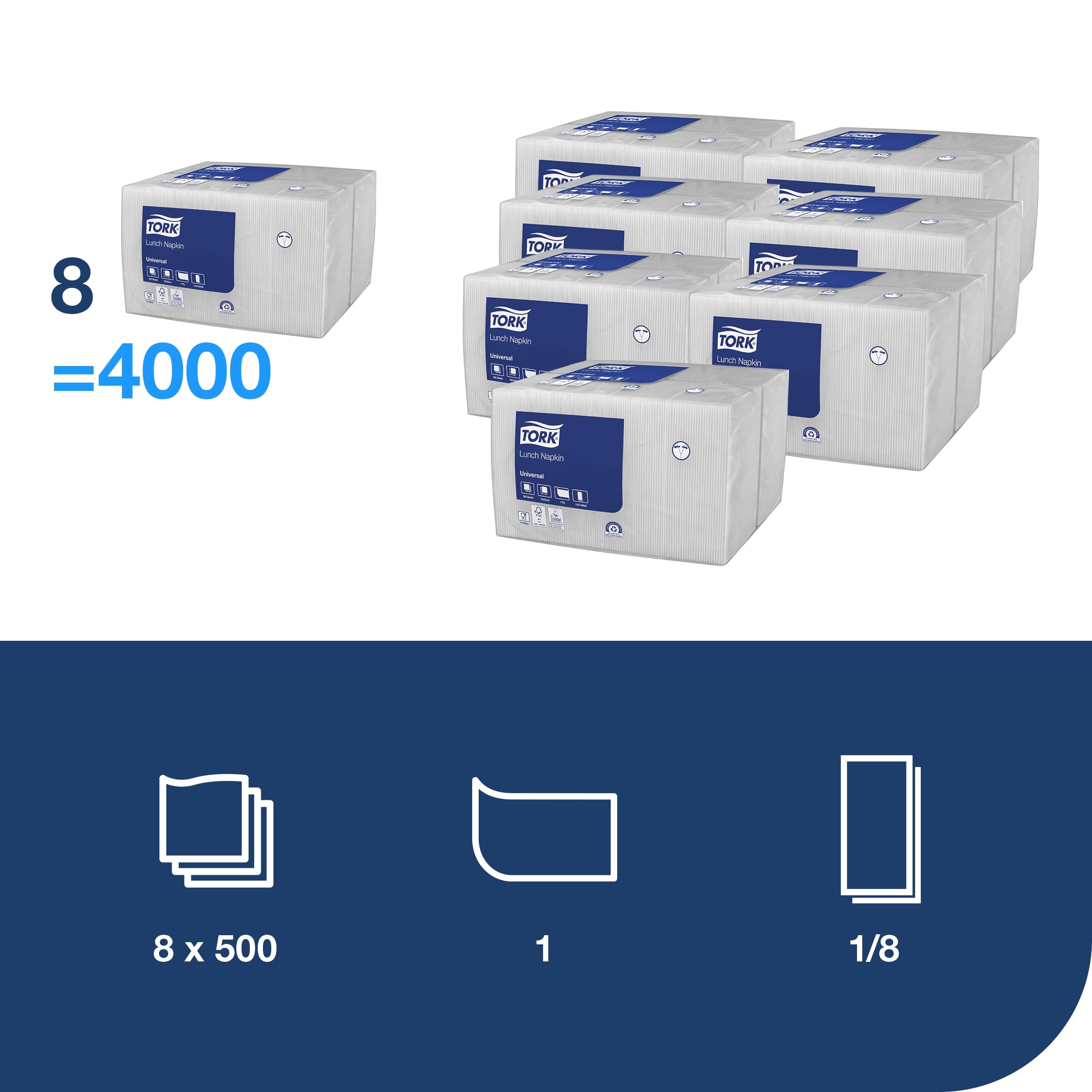 Tork Servilleta de Almuerzo Blanca, Plegado 1/8, 1 capa, 32 cm x 32 cm, 8 x 500 servilletas, 509308