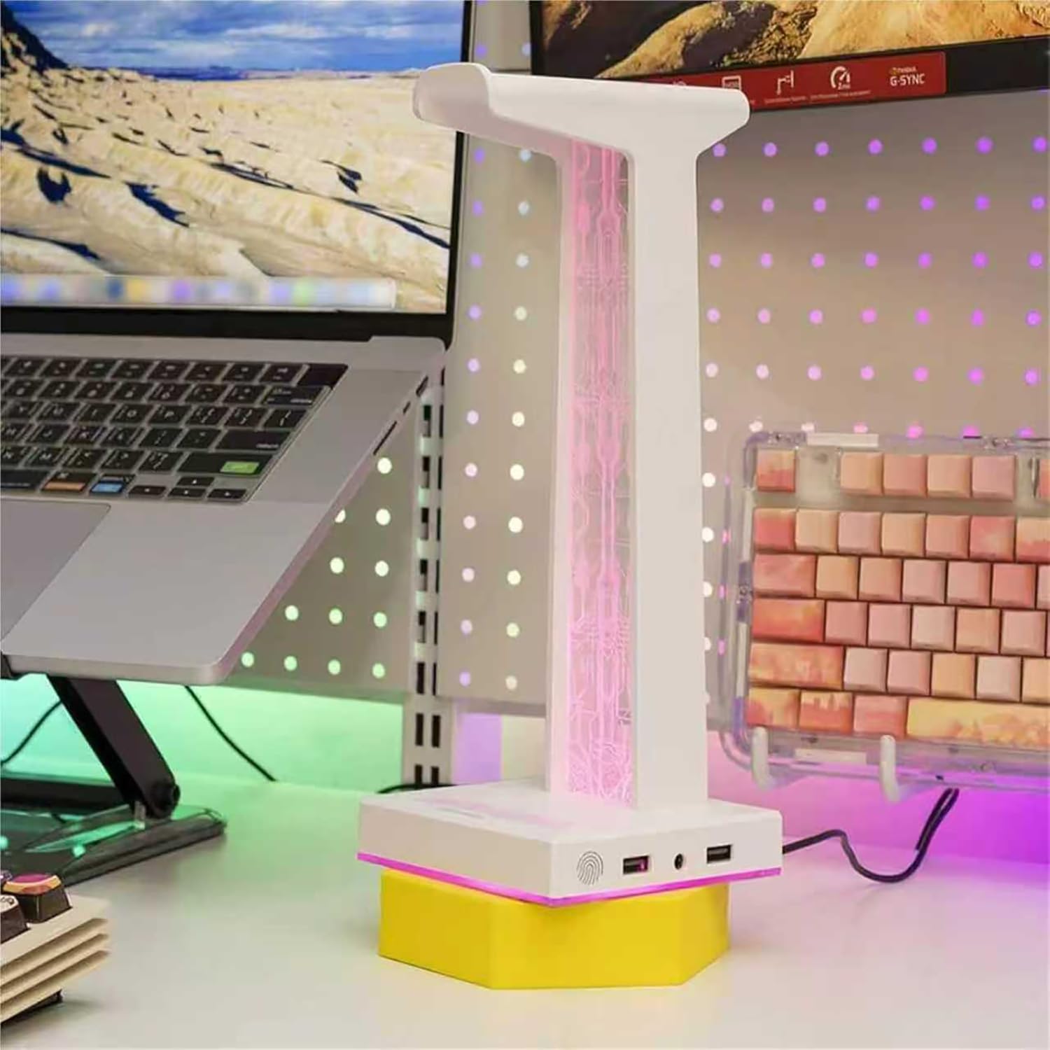 COYEUX Soporte Acrílico para Auriculares Gaming, Soporte RGB para Auriculares con 2 Puertos USB Y Puerto De Audio De 3,5 Mm, 10 Modos De Iluminación, Accesorios para Juegos De Ordenador para Todos