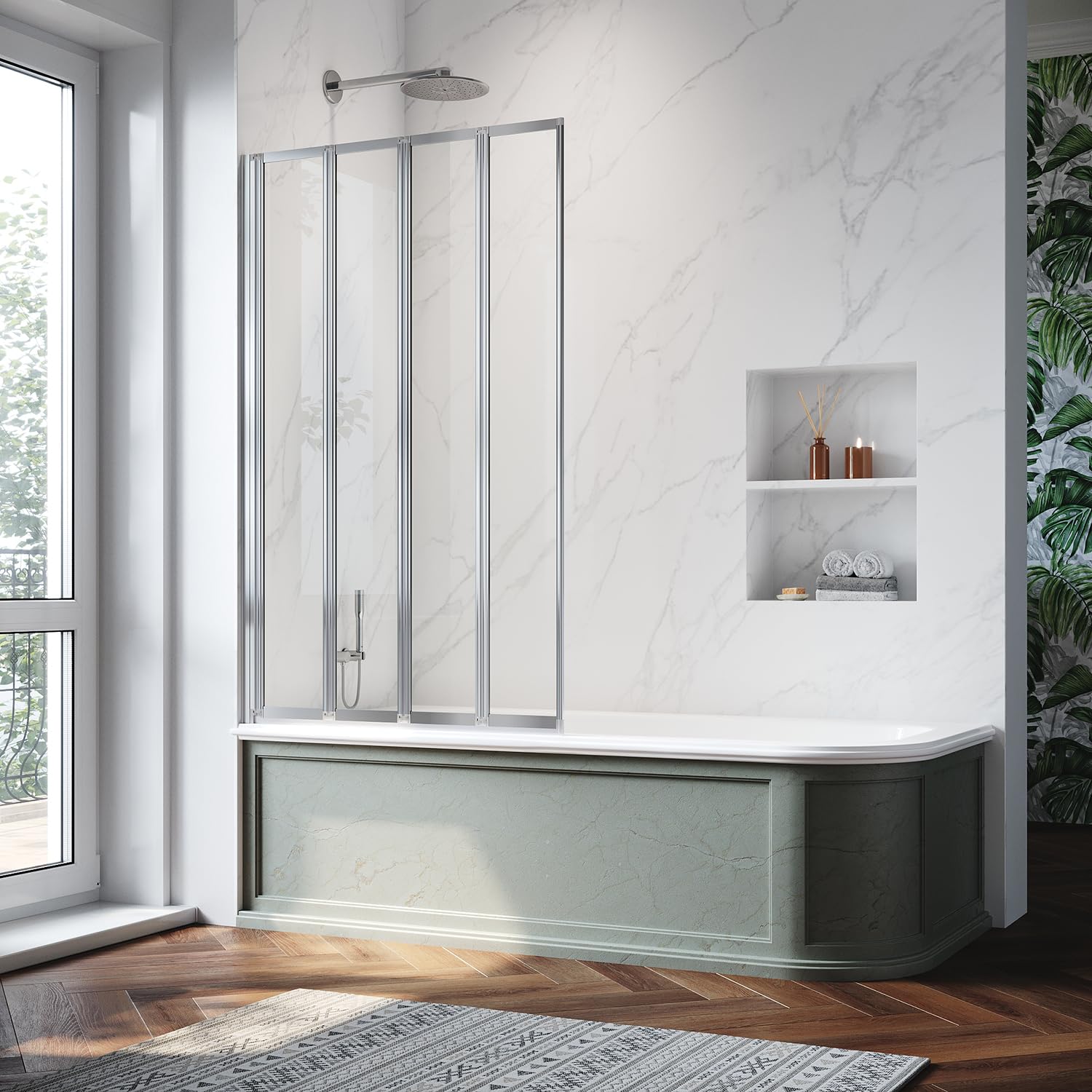 ZANOFIRA 1000mm 4 Fold Bath Shower Screen Over Bath Shower Screen 4mm Toughened Safety Glass Folding Bath Screen Pivot Swing Bath Panel Reversible Bath Screen for Straight & Curved Baths