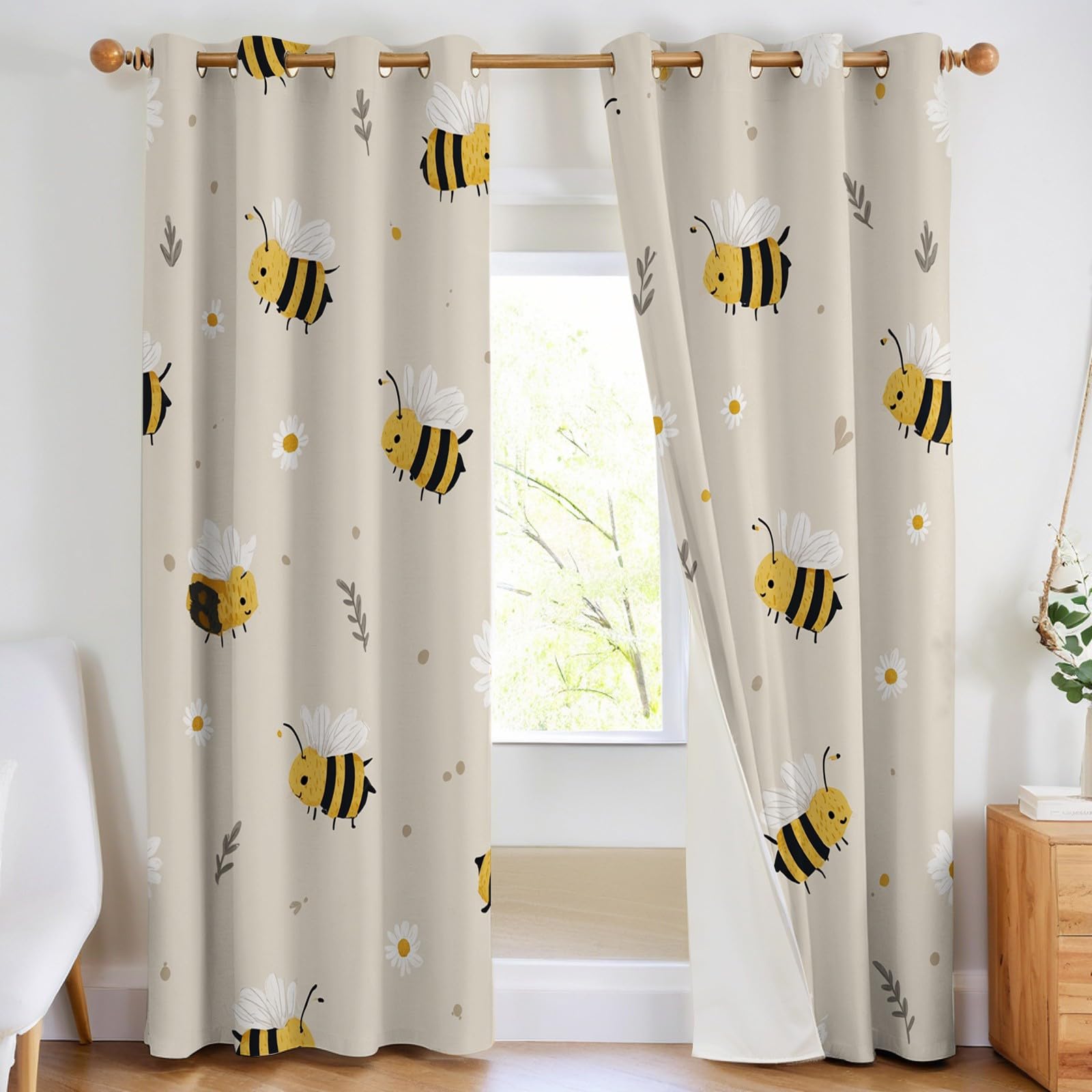 Hellbeige Thermovorhänge Blickdicht Cartoon Biene Gänseblümchen Verdunkelung mit Ösen, Wärmeschutz Schallschutz Gardinen für Kinderzimmer Jungen Mädchen, 2er Set H229 x B117 cm