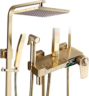 Thermostatic Shower System with 8 Inch Shower Head, LED Digital Display Brushed Gold Shower Combo Set Wall Mount Shower Faucet Set with Handheld Shower, Bidet Sprayer, Rotatable Tub Spout
