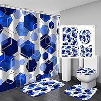 Vista 2 de Juego de cortinas de baño azules, 4 piezas de cortina de ducha geométrica de arte moderno con 12 ganchos, impermeable, opaca, 70.8 pies de largo x