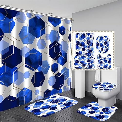 Miniatura 2 de Juego de cortinas de baño azules, 4 piezas de cortina de ducha geométrica de arte moderno con 12 ganchos, impermeable, opaca, 70.8 pies de largo x