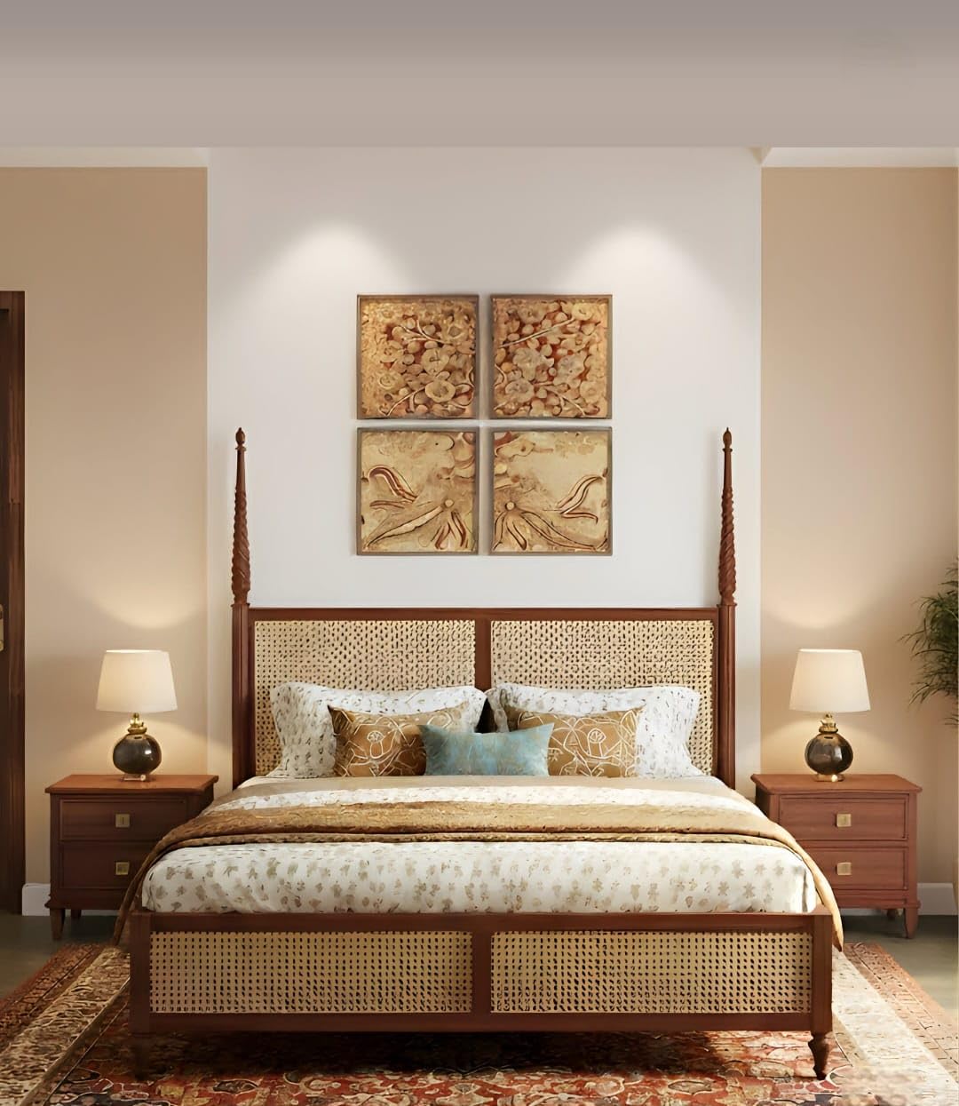 JANGHU FURNITUREWALA Wooden/Rattan/Cane/Poster Queen Size Bed Without Storage -Sheesham Wood -King Cot -Palang -Bed Stylish Bedroom Furniture/Hotel Furniture(Ciao Bella, Honey Finish) Rattan/Cane Bed-image-4