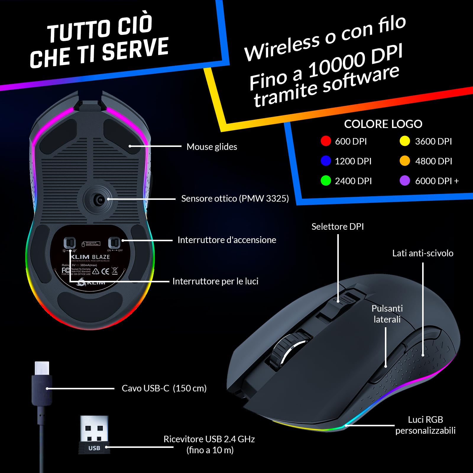 Blaze Mouse Gaming Wireless RGB Ricaricabile, Regolabile Fino a 10000 DPI | Sensore ad Alta Precisione con Batteria di Lunga Durata, Modalità e Cavo, Libertà Totale per Dominare il Gioco - Black