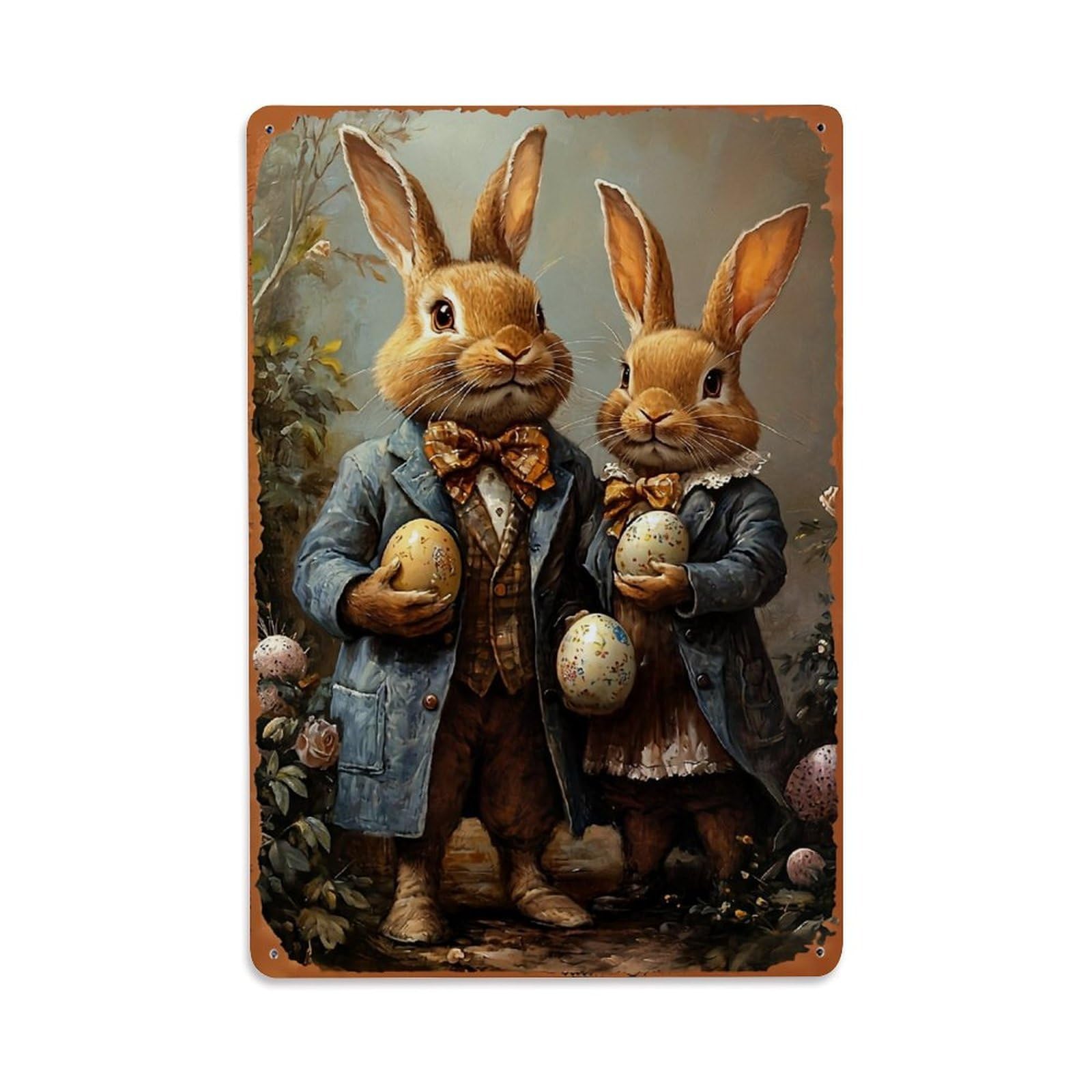 Jdyaojiesheng Vintage Rabbit Couple Easter Eggs Nature Tin Sign Retro Metal Wall Decor Metal Poster, Home Bar Garage Farmhouse Cafe Wall Art Decoration 8X12inches