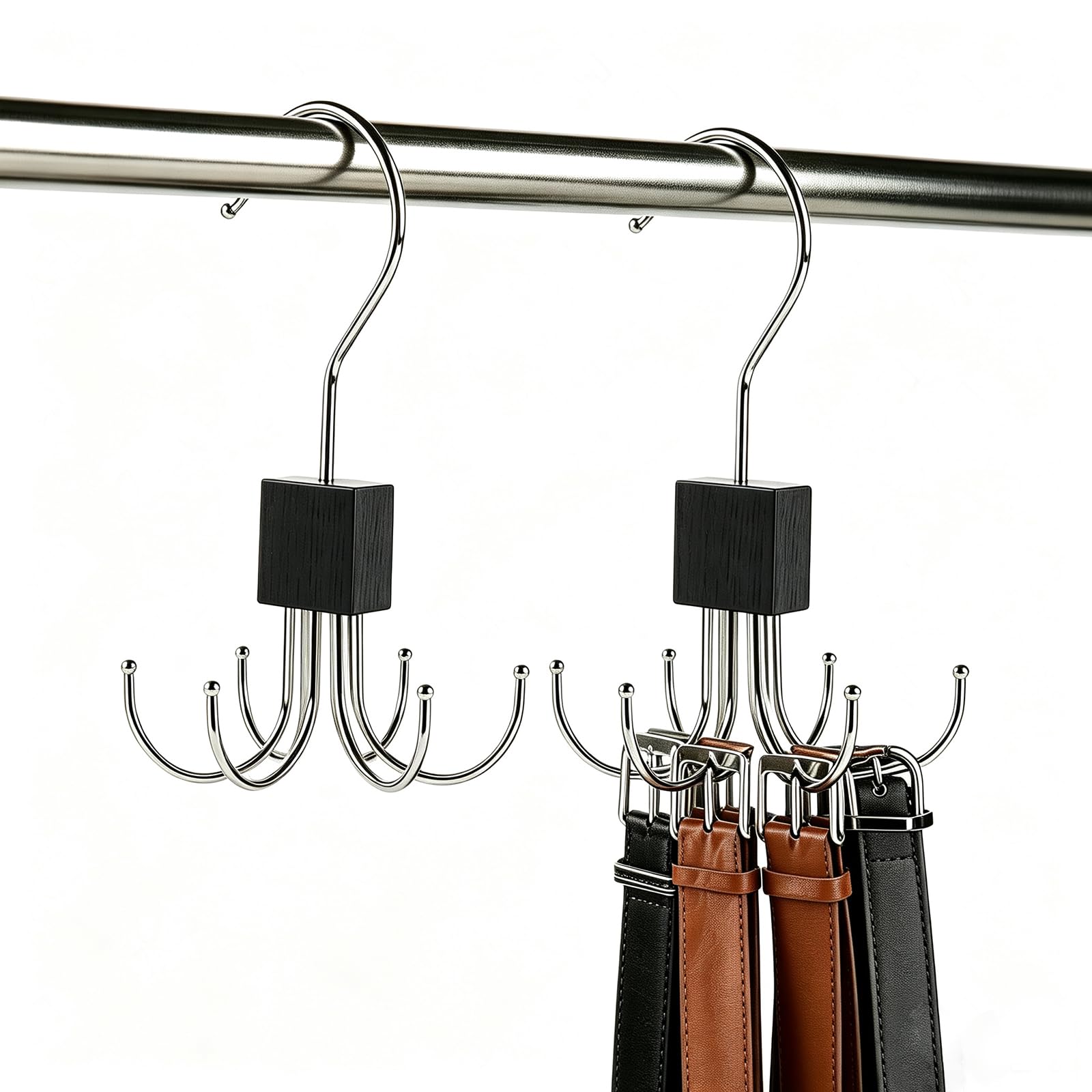 2 x Gürtelaufhänger für Schrank, 12 Haken, Gürtel-Organizer für max. 48 Gürtel oder Krawatten, drehbarer Gürtel, platzsparend, schwarzer Hängehalter für Gürtel, Krawatte, BH, Tanktop