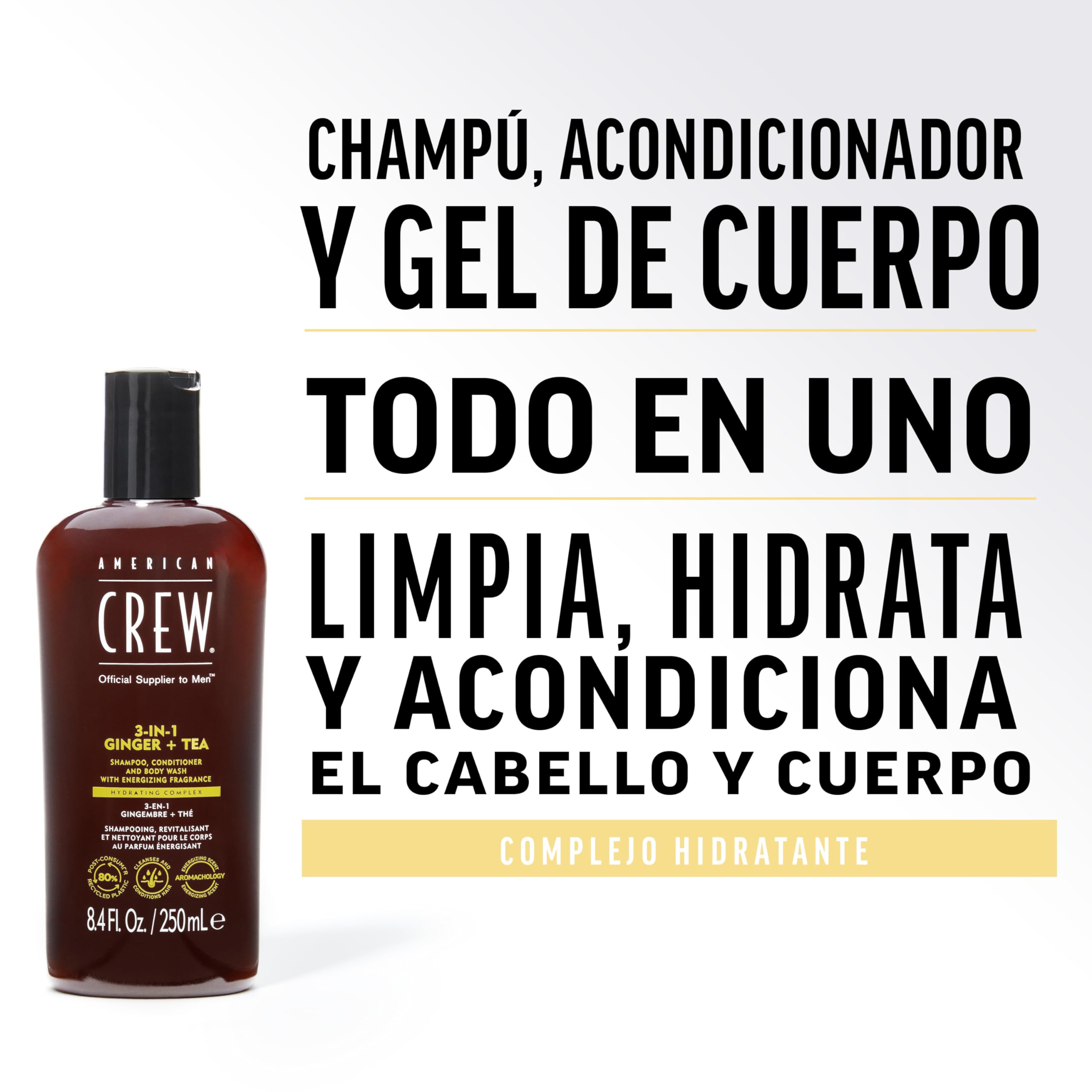 American Crew 3 en 1 Ginger + Tea, Champú Acondicionador y Gel de Ducha, Limpia e Hidrata el Cabello y el Cuerpo, Mantiene y Repone la Barrera de Hidratación, Aroma Revitalizante y Energizante