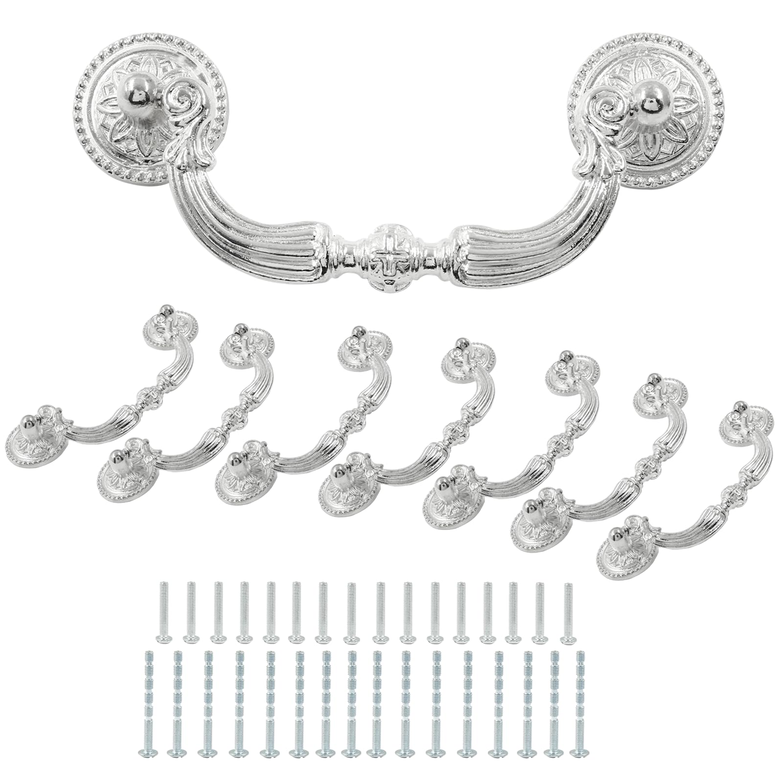 Kyuionty 8 Pack Bail Pull Handles, 3.5 Inch Hole Center Vintage Antique Drop Drawer Pull Swing Cabinet Dresser Handles (Silver, Total Length: 4.72 inch)
