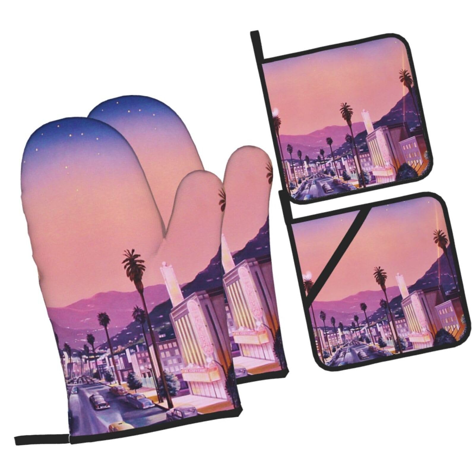 The Old Hollywood Printed Oven Mitts and Pot Holders Heat Resistant Set of 4 Pcs, Modern Kitchen Gloves & Potholders for Cooking Baking Grilling