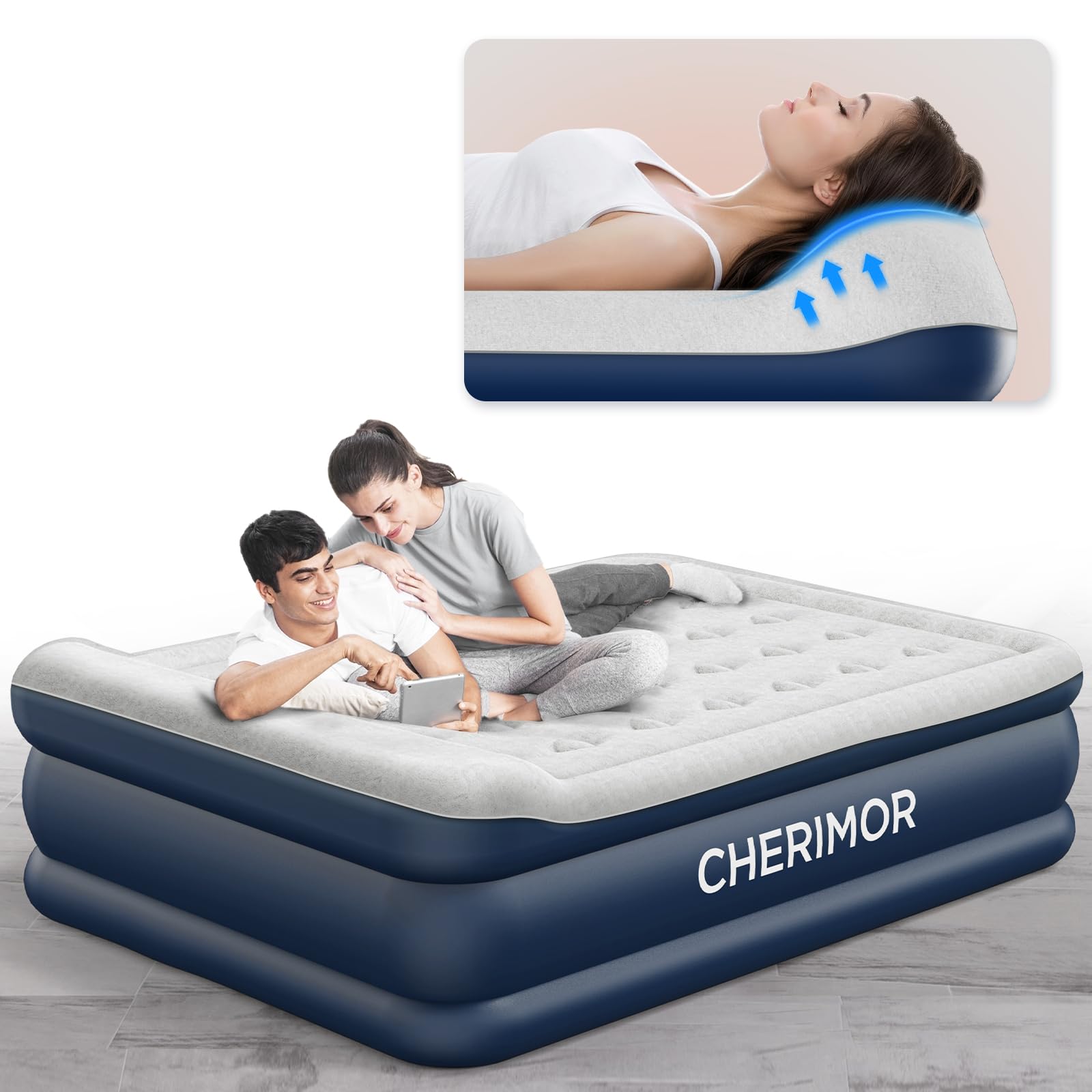 Air Mattress Queen with Built in Pump, 20.5" High Inflatable Mattress with Integrated Pillow, Portable Self Inflating Blow Up Mattress with Flocked Top, Air Bed for Guests, Home & Camping