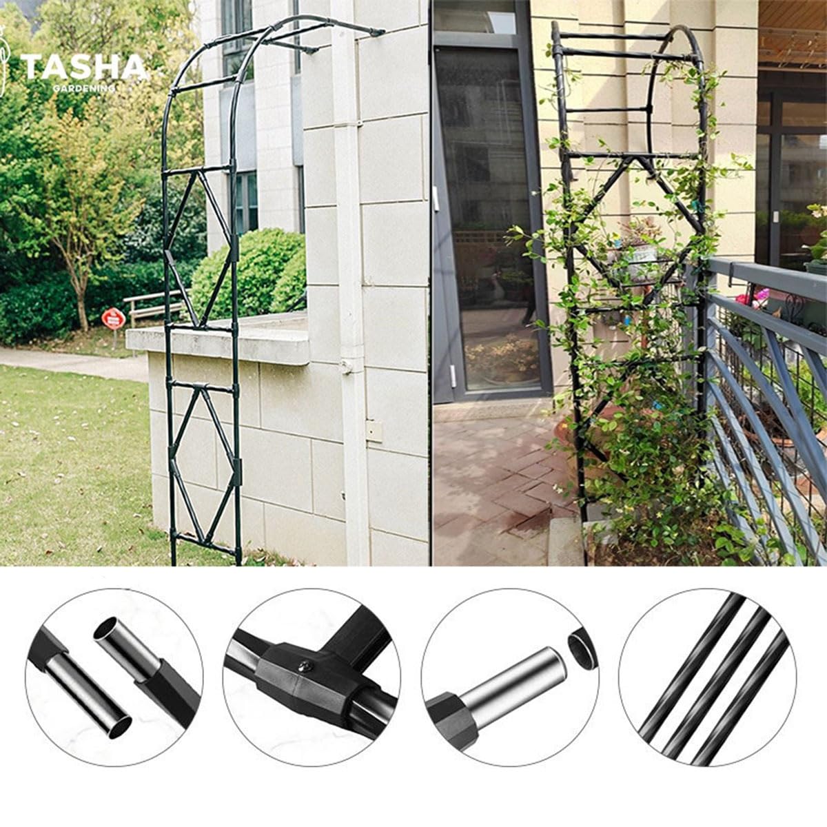 Metalowa kratka łukowa do roślin pnących, montowana na ścianie altana ogrodowa do dekoracji zewnętrznej, idealna na patio, balkon i podwórko