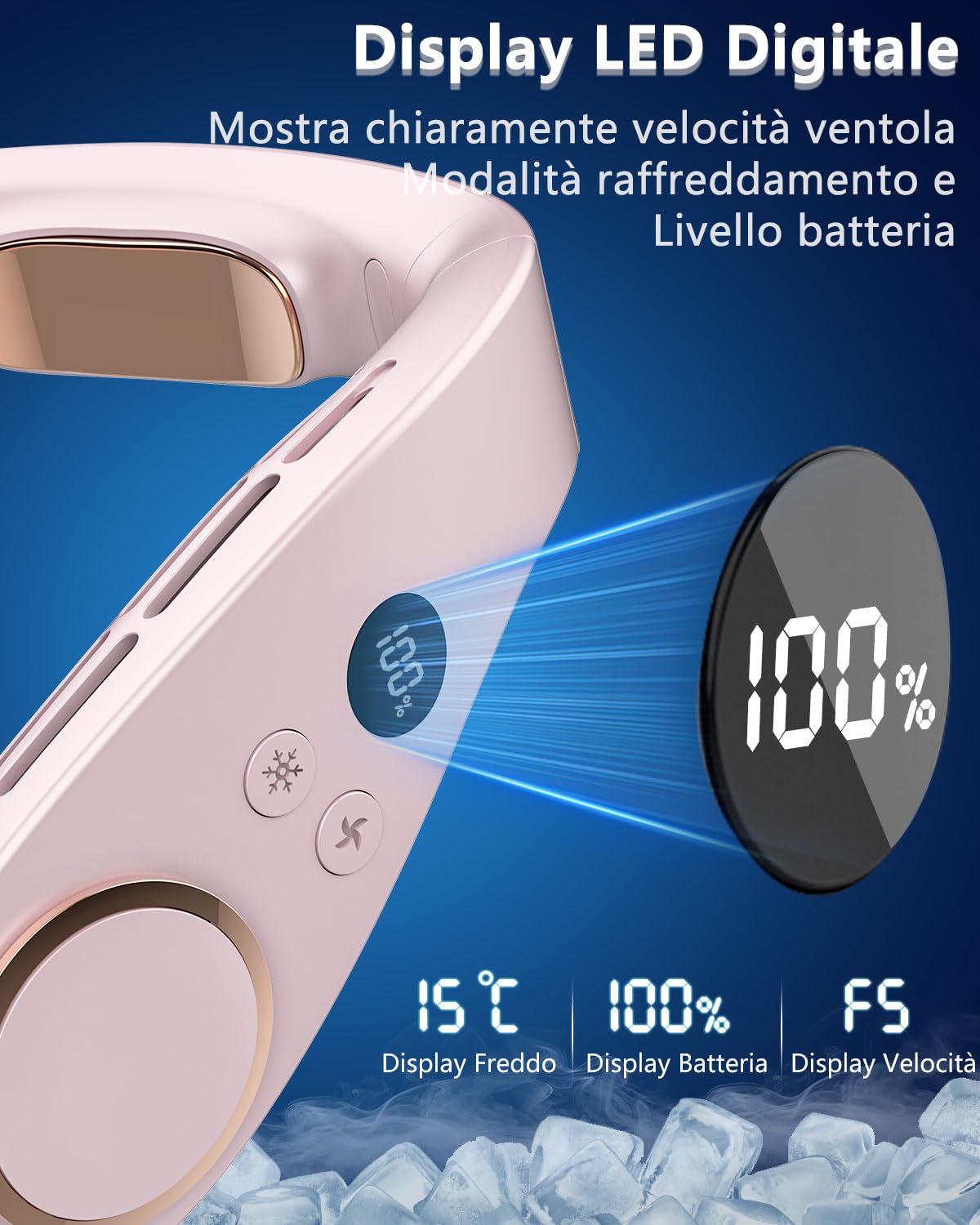 Ventilatore da Collo Sportivo con Raffreddamento Attivo, Cuffie Ventilatori Collo Potente e 5 Velocità, Batteria 5500mAh Autonomia 24 Ore, Display LED Silenzioso, per Corsa, Ciclismo e Fitness Outdoor
