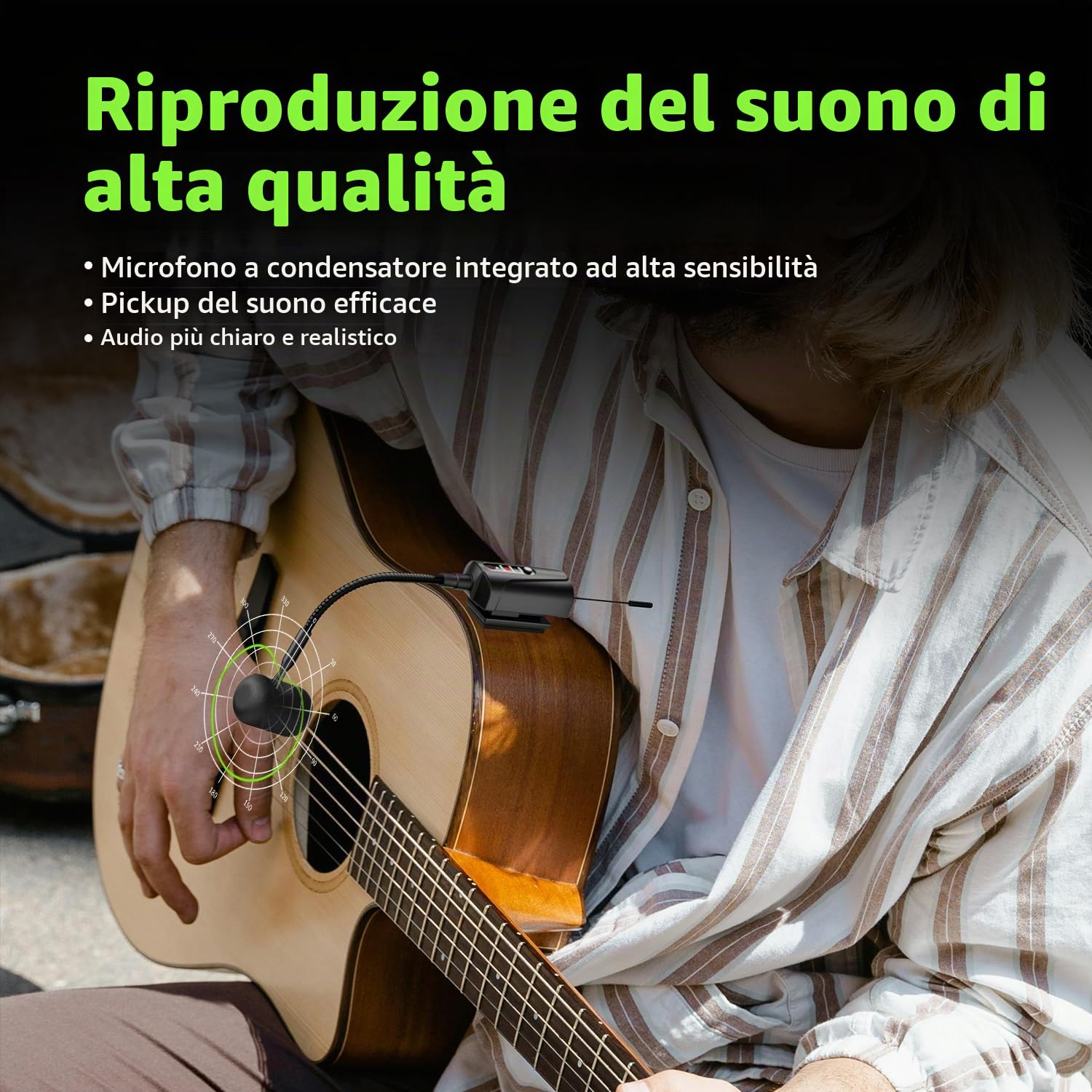 Microfono Wireless per Chitarra UHF, Microfono per Strumenti a Collo D'oca con Trasmettitore e Ricevitore per Chitarre Classiche, Chitarre Acustiche, Sistemi PA, Mixer Audio, Altoparlanti, AT-5