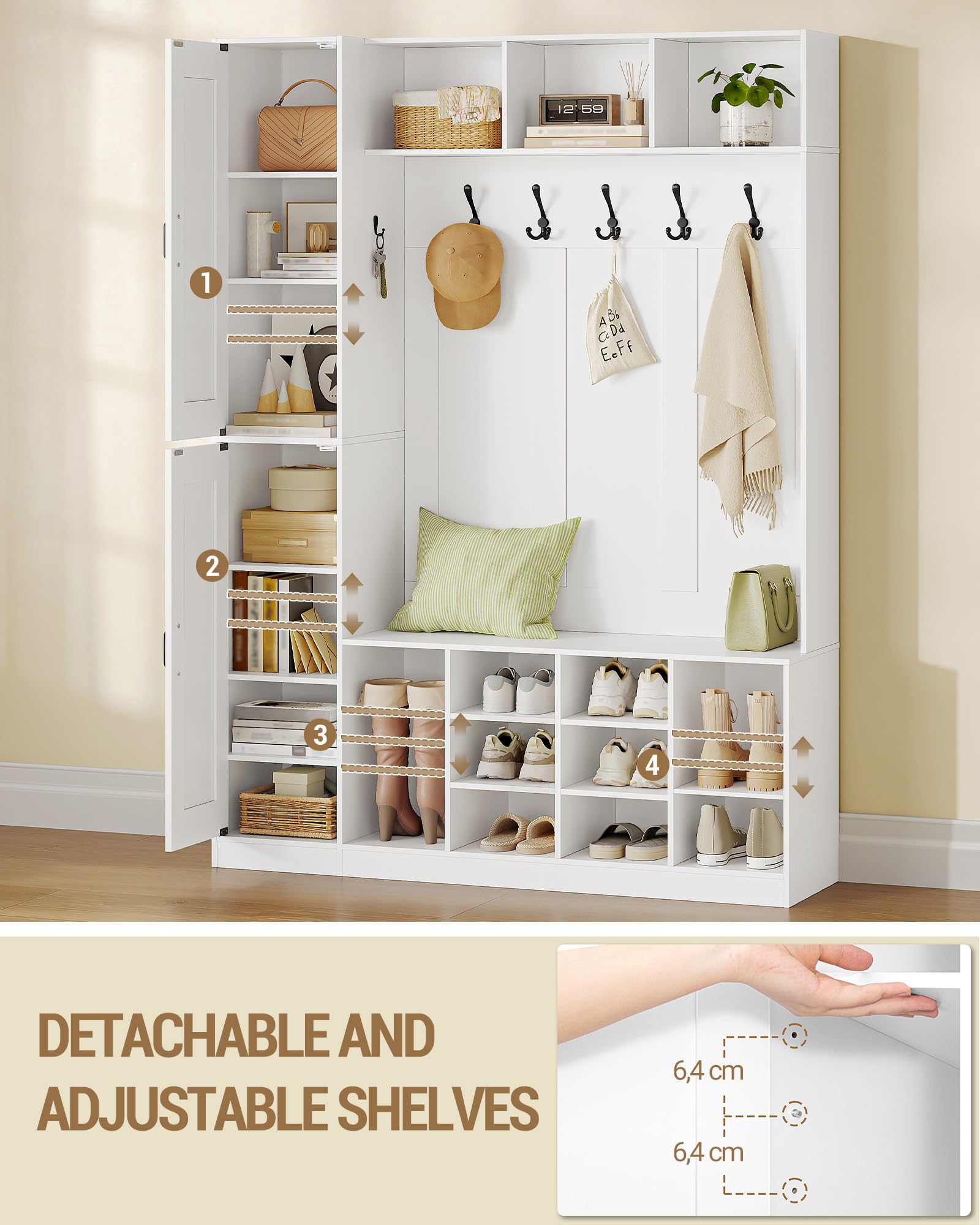 Hzuaneri Garderobenständer mit Sitzbank, Garderobe mit Seitlichem Stauschrank, 20 Fächer, Verstellbarer Regalboden, 6 Haken, Freistehender Kleiderständer für Flur, 36 x 130 x 186 cm, Weiß 7230103X