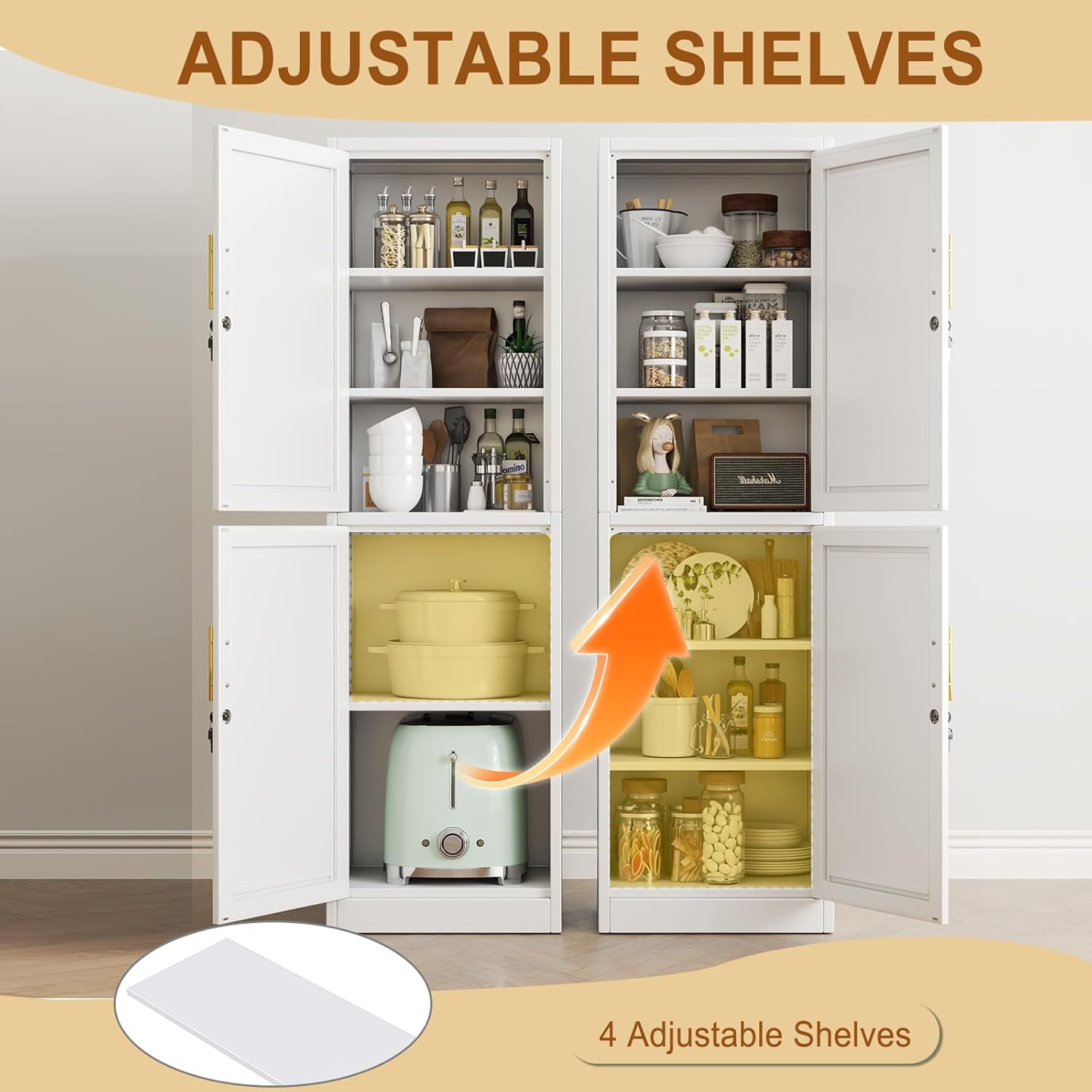 Tall Metal Narrow Bathroom Storage Locker Cabinet 67" H, Tall White Pantry Cabinets with 4 Adjustable Shelves and 2 Lockable Doors for Kitchen, Home Office, Living Room, Dining Room