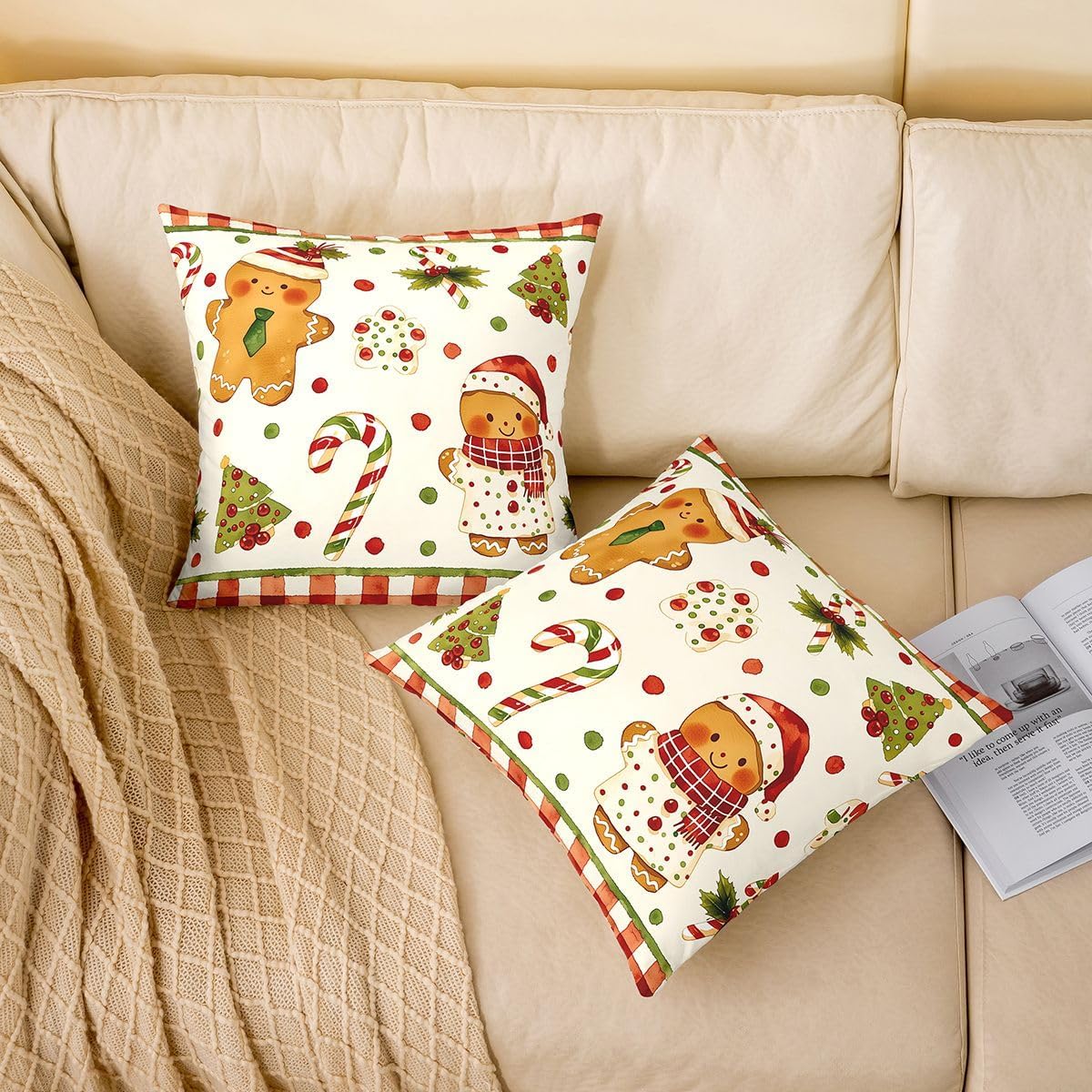 Castle Fairy Cute Xmas Gingerbread Kids Throw Pillow Cover,Candy Pillow Case,Merry Christmas Theme Bed Couch Sofa Cushion Cover,White Brown Home Decor,2 Pack 16"x16" image 2