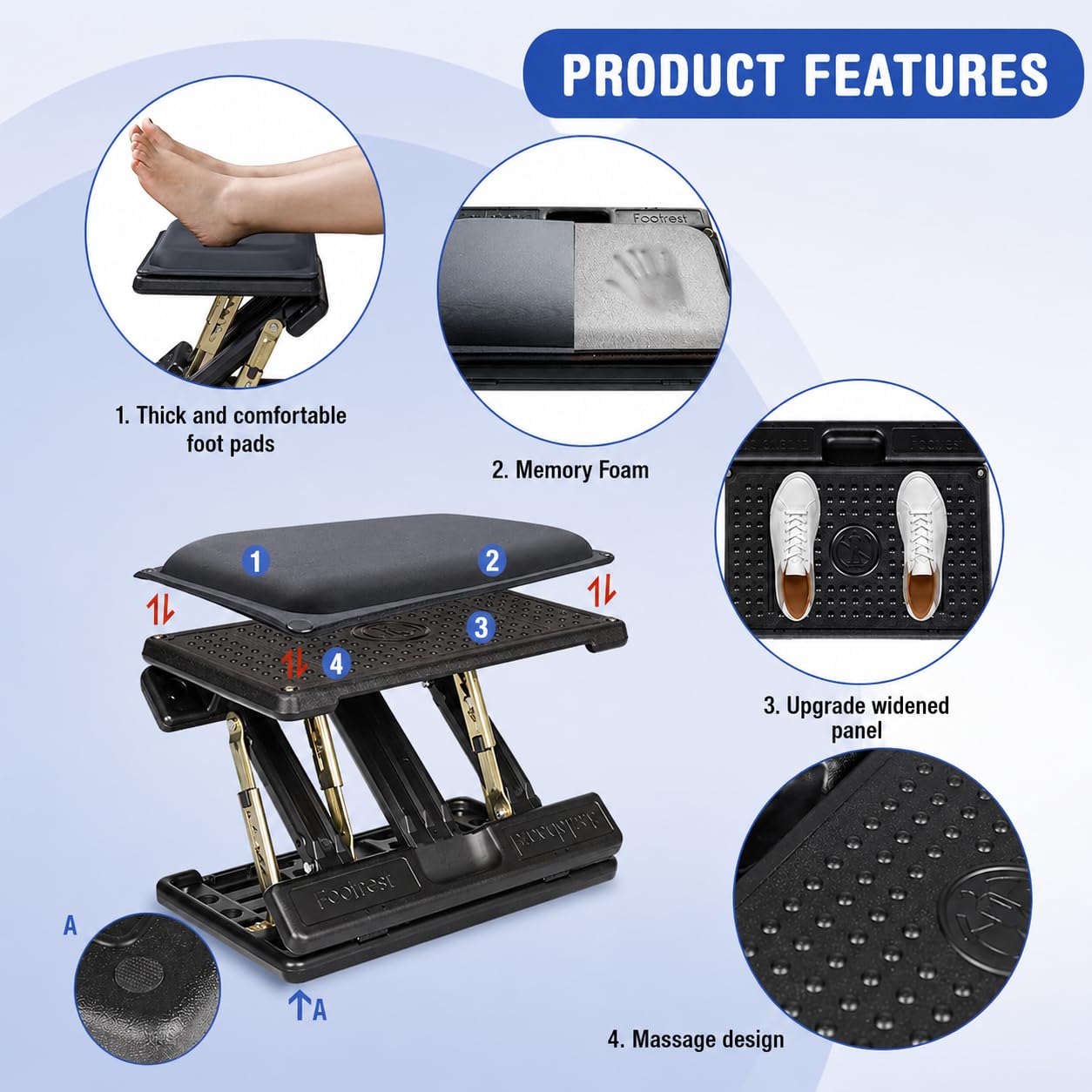 Reposapiés para debajo del escritorio en el trabajo, 4 niveles de altura ajustable, reposapiés ergonómico plegable para oficina, juegos, computadora, reposapiés de escritorio suave y
