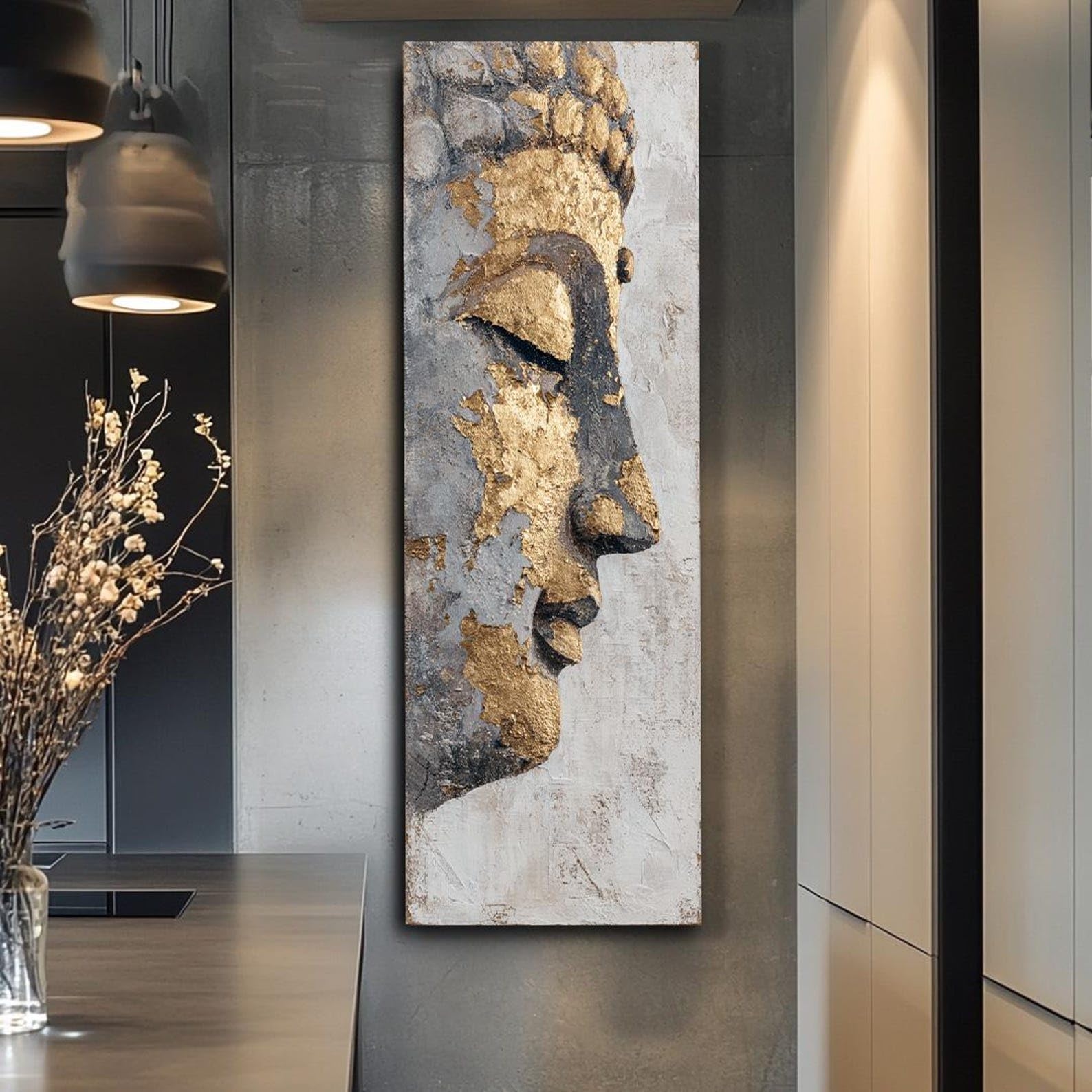 Schmales Buddha-Wandbild, hohe und dünne Leinwand, abstrakte vertikale Poster für die Dekoration von Zimmern, Eingangsbereichen und Büros (40 x 120 cm / Innenrahmen).